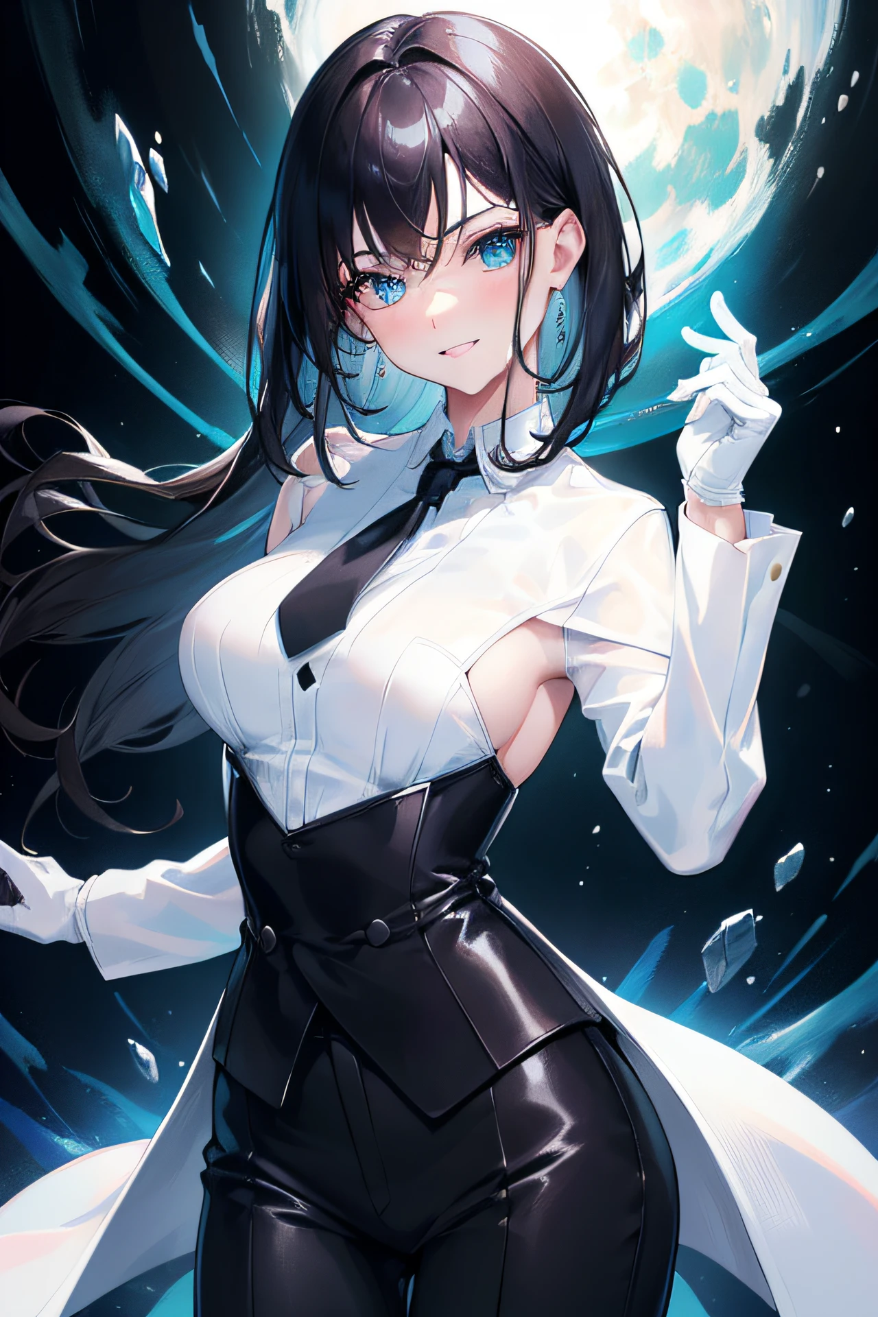 1girl, white skin, HDR, UHD, 8K, best quality, masterpiece, Highly detailed, ultra-fine painting, Vivid Colors, Cinematic Lighting, slender, head tilt, aqua eyes, seductive smile, straight hair, medium hair, (black hair), (human), (tuxedo), long pants, black pants, butler, cool+, tie, white gloves