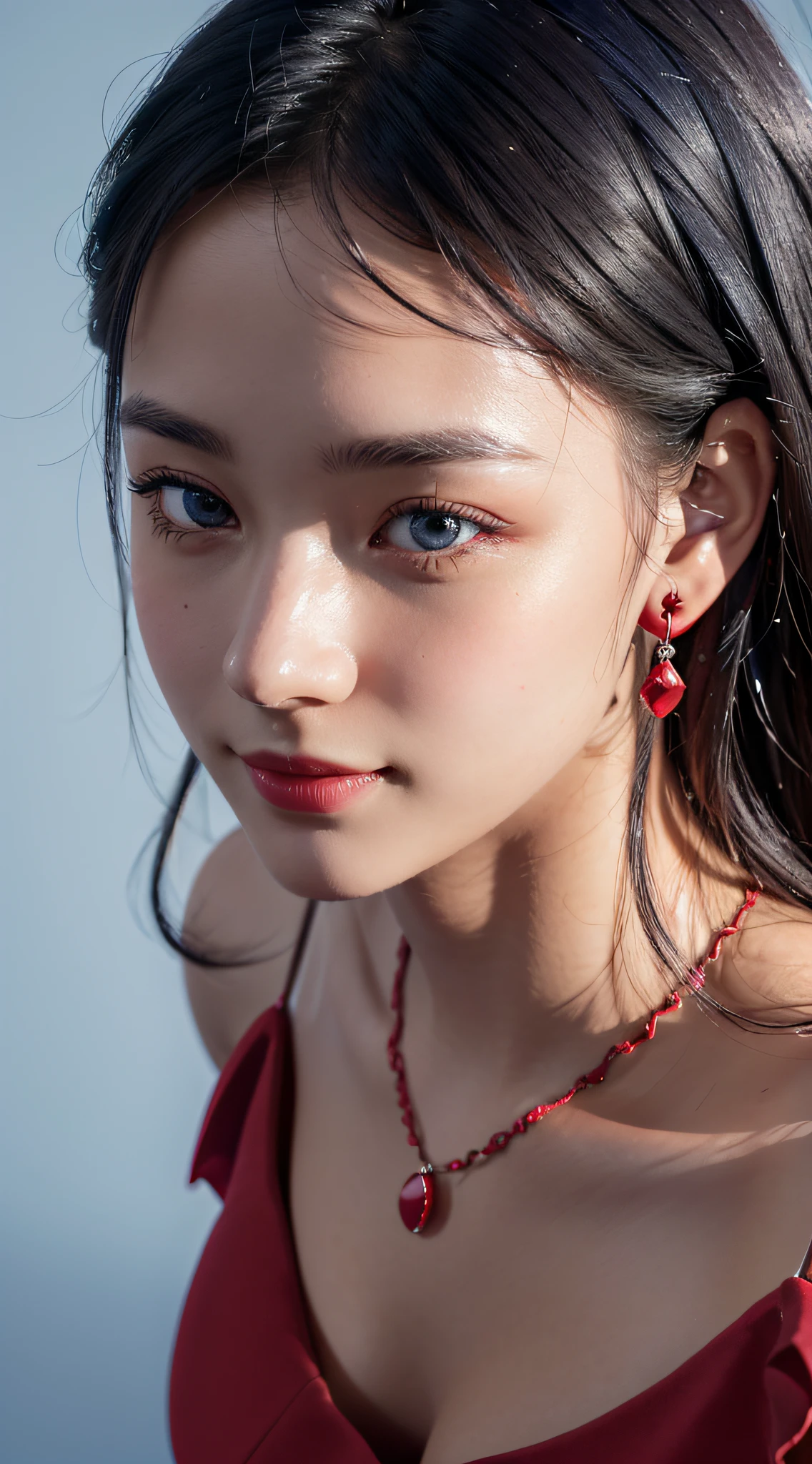 (close up:1.6), masterpiece, best quality, 8k, absurdres, beautiful girl, pretty face, looking at viewer, smile, (dark red dress:1.7), ruby earrings, ruby necklace, , cute, (smokey red eye shadow with glitter, glazed pinkish red lips:0.8), ultra realistic, highres, photography, film grain, chromatic aberration, sharp focus, HDR, facelight, dynamic lighting, cinematic lighting, professional shadow, simple background, (dull blue background:1.3), highest detailed, extreme detailed, ultra detailed, finely detail, real skin, delicate facial features, detailed face and eyes, sharp pupils, realistic pupils, (black eyes:1.0)