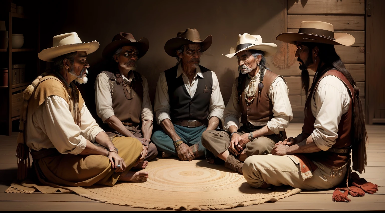 old west - cowboys talking with Apache ndians and the Chief of the tribe. Sitting on the floor in a circle -- Realistic -- Color --