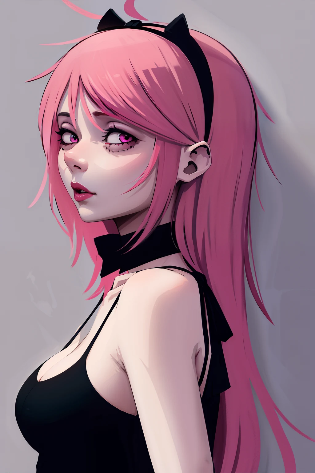 pink haired super cute girl with gothic make up from the side