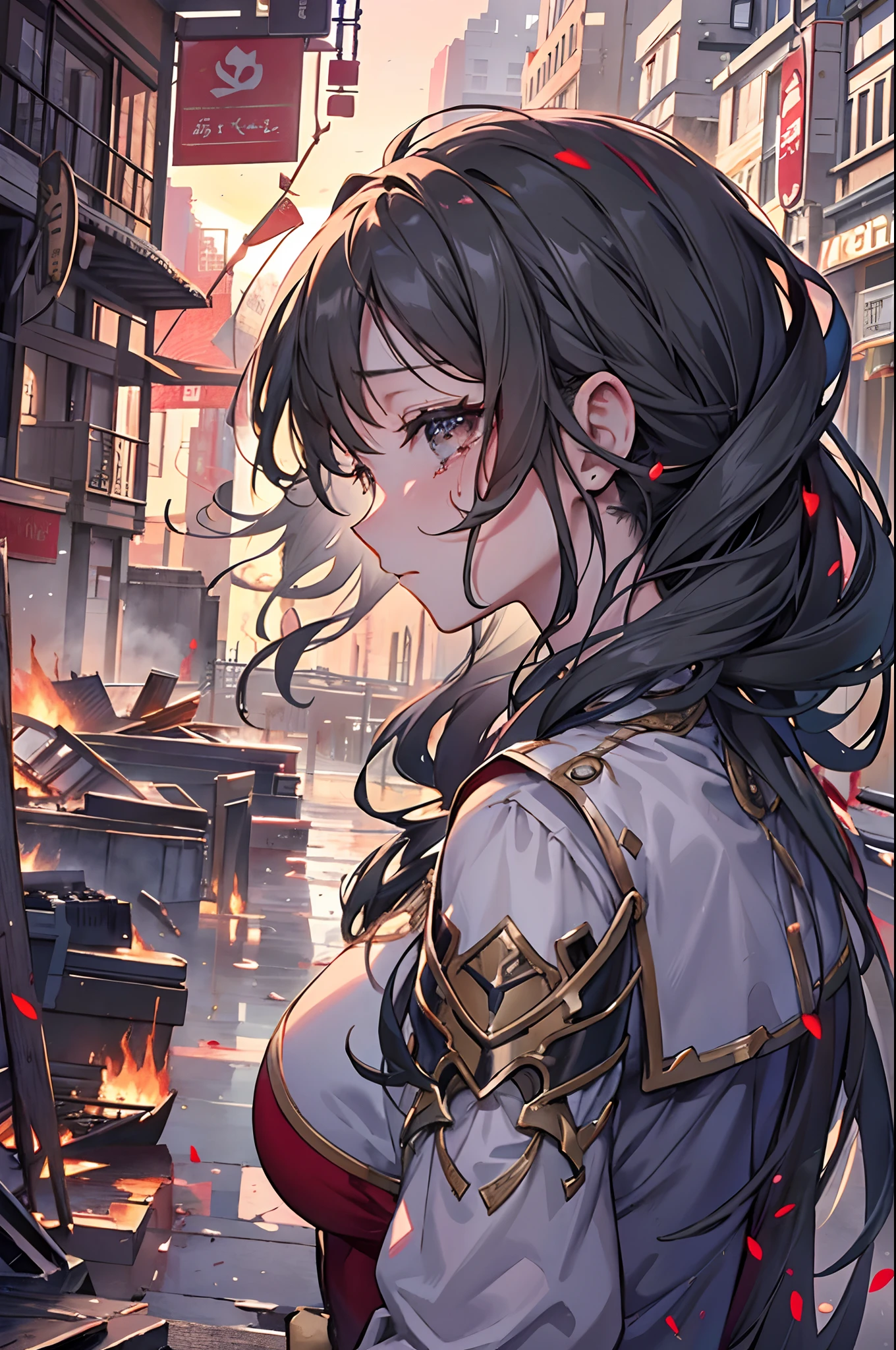 (masterpiece、top-quality、top-quality、Official art、Beautifully Aesthetic:1.2)、(1girl in)、ighly detailed、(Fractal Art:1.3)、colourfull、highestdetailed、Machine girl with tears in her eyes、Staring at the burning city。Tears flowed from her eyes、Tears have a metallic shine。Her expression was sad.、Melancholy at the same time.、Depicted as a contrast to the surrounding destruction。Burning buildings and smoke rise in the background、Although the devastated scenery spreads out、In it, Her presence manifests itself in strength and sentimentality.、