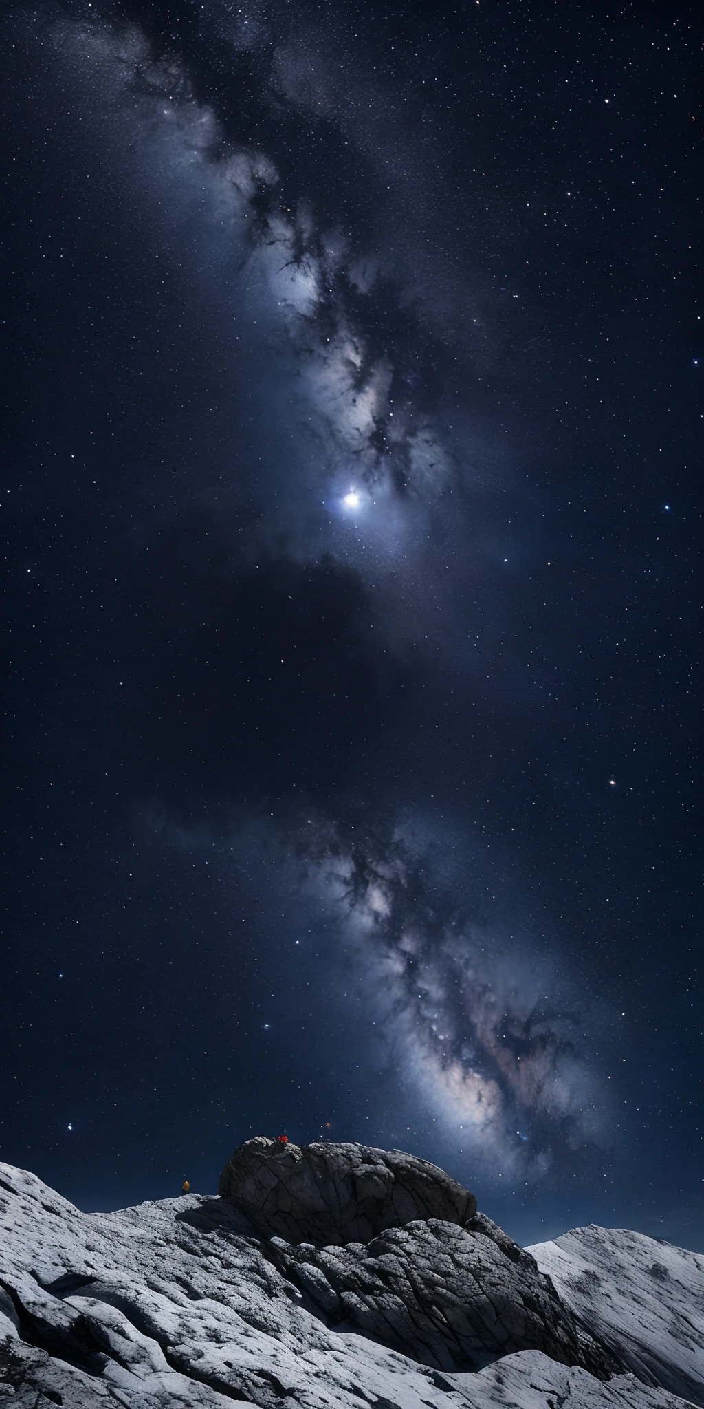 Um homem forte realista subindo uma montanha rochosa muito alta e cheia de pedras comuma paisagem nebulosa e sombria