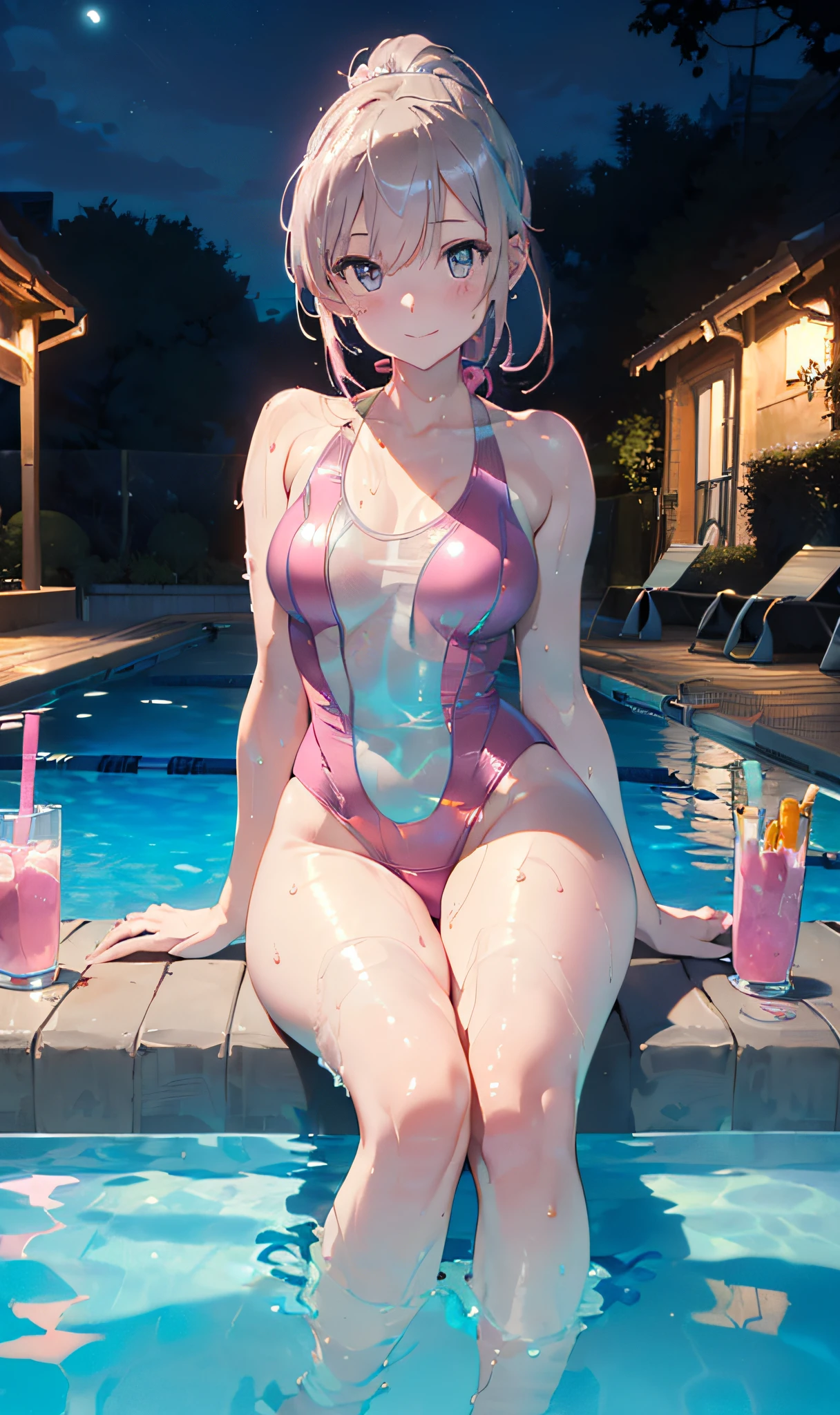 (Master masterpiece:2)、(((extremely fine and beautiful)))、(((The ultra -The high-definition)))、(Ultra-high power of 8 kilometers:2)、(Wet woman:1.4)、(Clarity Metallic Pink Swimsuit:2)、(medium large breasts)、(Transparent skin:1.6)、(Long ponytail hair:1.8)、(Beautiful eyes:1.8)、、(Nominal body type)、(Glamorous:1.4)、(musculature:1.4)、(Thin thighs:1.6）、(Thin leg:1.6)、(A smile)、perfectly proportions，Correct anatomy、Good anatomy、(Correctly drawn limbs:1.6)、(Pose to sit by the pool at night:1.4)、Dynamic Angle、  (luminism),