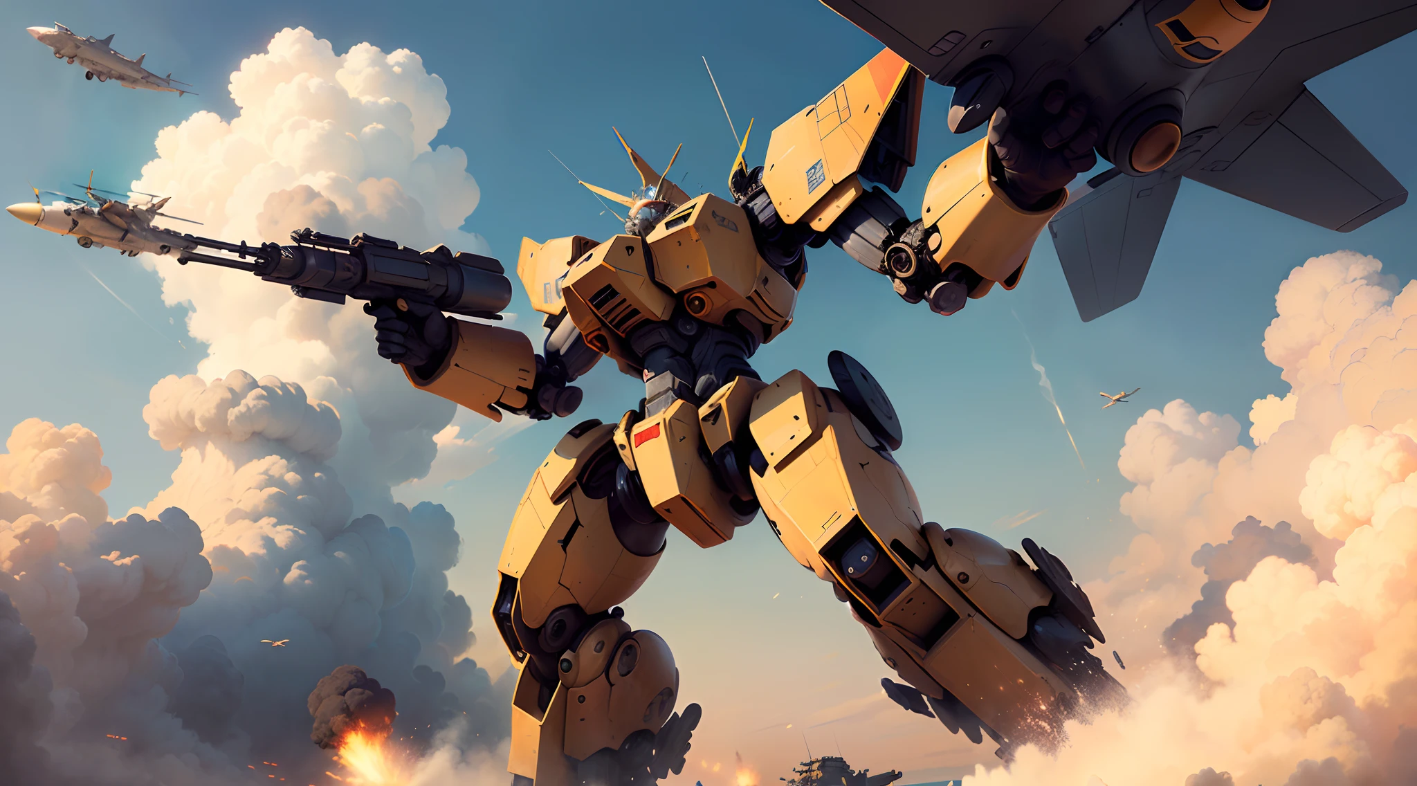 mecha,(Masterpiece),largage, avion, dropped from the plane, ciel, nuage, explosions, antiaircraft, tombant