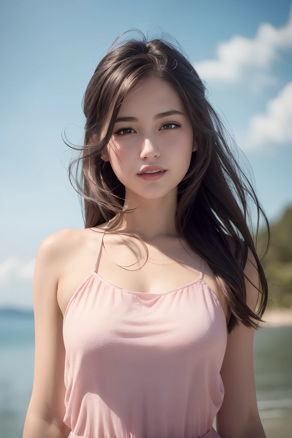 (8k, Best Quality, Masterpiece:1.2), (Realistic, Photorealistic:1.37), Ultra Detail, 1 Girl,Cute,Solo,Beautiful Detailed Sky,Date,(Blush),(Smile:1.15),(Closed Mouth)Small Breasts,Beautiful Detailed Eyes,(Long Hair: 1.2),Floating Hair NovaFrogStyle, Upper Body, Tank Top