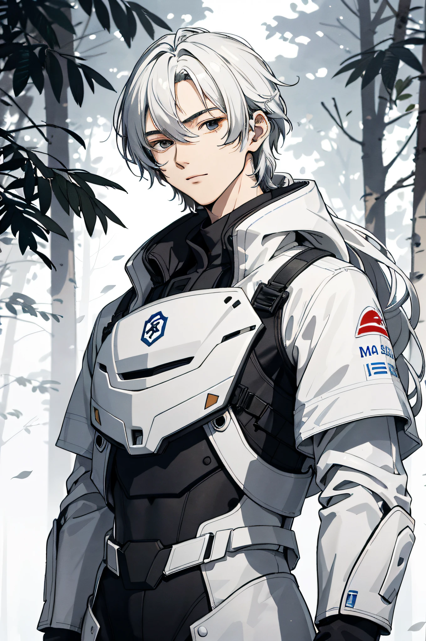 Absurd, High definition, Super detailed, Texture details, clear presentation, HD details, detail performance, Fine details, Clear face, Fix accurately, ((cabelos preto e longos))、long whitr hair、18-year-old man, Handsome, Tall,Soft smile、Slightly muscular,(Clear eyeballs), (1 person: 1.3), handpainted, Simple lines, (An 18-year-old man wearing a white Chinese suit), foggy forest、The upper part of the body,Exocet suit