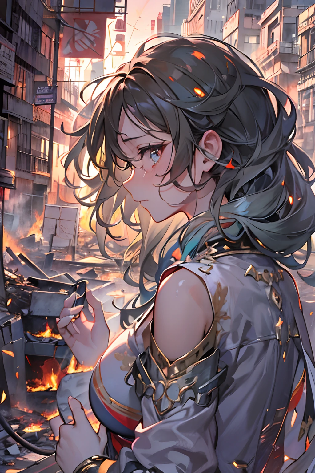 (​masterpiece、top-quality、top-quality、Official art、Beautifully Aesthetic:1.2)、(1girl in)、ighly detailed、(Fractal Art:1.3)、colourfull、highestdetailed、Machine girl with tears in her eyes、Staring at the burning city。Tears flowed from her eyes、Tears have a metallic shine。Her expression was sad.、Melancholy at the same time.、Depicted as a contrast to the surrounding destruction。Burning buildings and smoke rise in the background、Although the devastated scenery spreads out、In it, Her presence manifests itself in strength and sentimentality.、