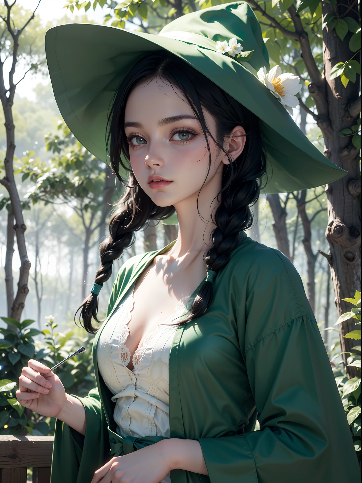 (Simple green witch robe and big green shirt,Cute girl with simple green witch big hat and braid, Cute black hair girl, Approx.10 years old, short height, Dark hair , Green dressing gown, Split lips,Upper body, light Particle, forest, Intense sunlight,Effect of twinkling aerial light,Oversized shirt,lanthanum),masterpiece, top-quality, detailed skin textures, Detailed Cloth Texture, beautifull detailed face, intricate detailes, ultra-detailliert, Regina Display, Super Detail, high details, High quality, Best Quality, hight resolution, 1080p, in 8K,