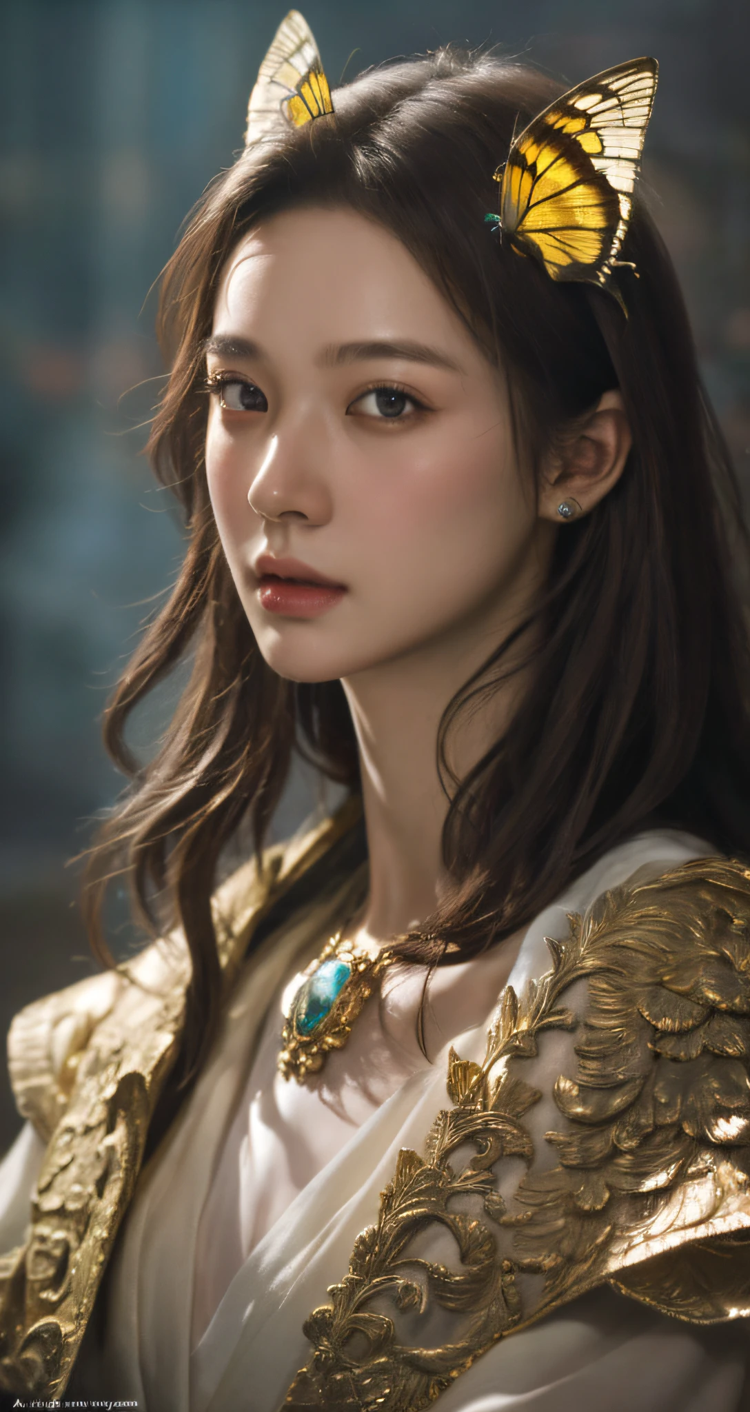 8k portrait of beautiful cyborg with brown hair, intricate, elegant, highly detailed, majestic, digital photography, art by artgerm and ruan jia and greg rutkowski surreal painting gold butterfly filigree, broken glass, (masterpiece, sidelighting, finely detailed beautiful eyes: 1.2), hdr,