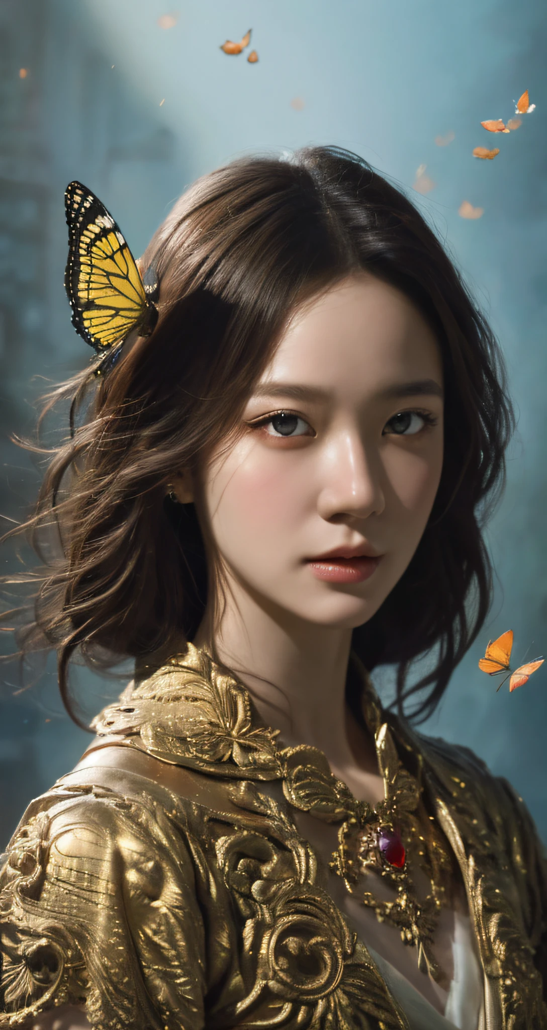 8k portrait of beautiful cyborg with brown hair, intricate, elegant, highly detailed, majestic, digital photography, art by artgerm and ruan jia and greg rutkowski surreal painting gold butterfly filigree, broken glass, (masterpiece, sidelighting, finely detailed beautiful eyes: 1.2), hdr,