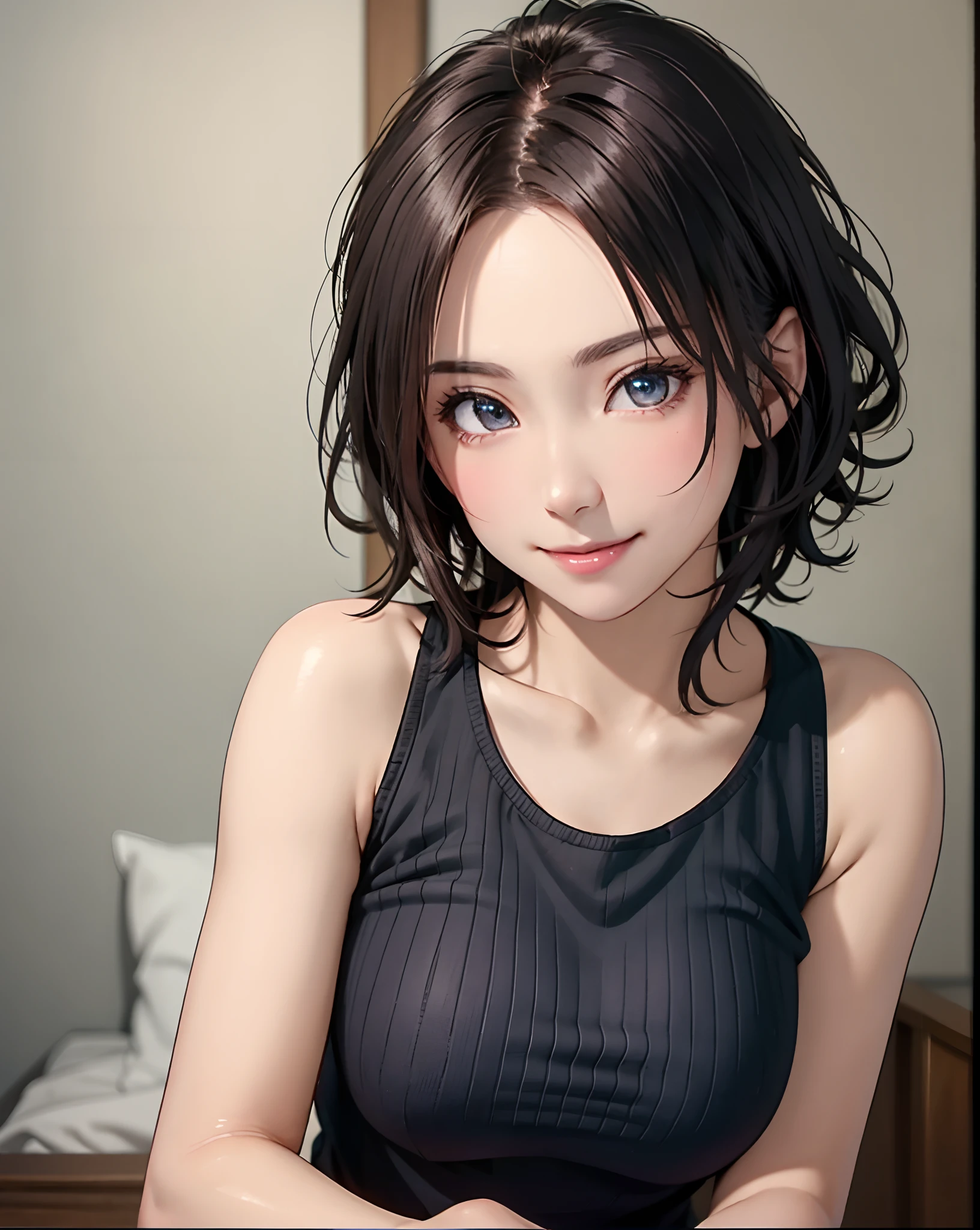 Best Quality, Ultra High Resolution, (Photorealistic: 1.4), Beautiful Eyes, Super Beautiful, Very Short Hair, Beautiful, Sweetheart, T-shirt with Rough Chest, Beautiful Soldier, Eyes That Invite Viewer, Lover's Perspective, Inviting Expression, Sexy Smile, Perfect Style, Perfect Balance, Detailed Skin, Naughty Gaze, Chest Visible