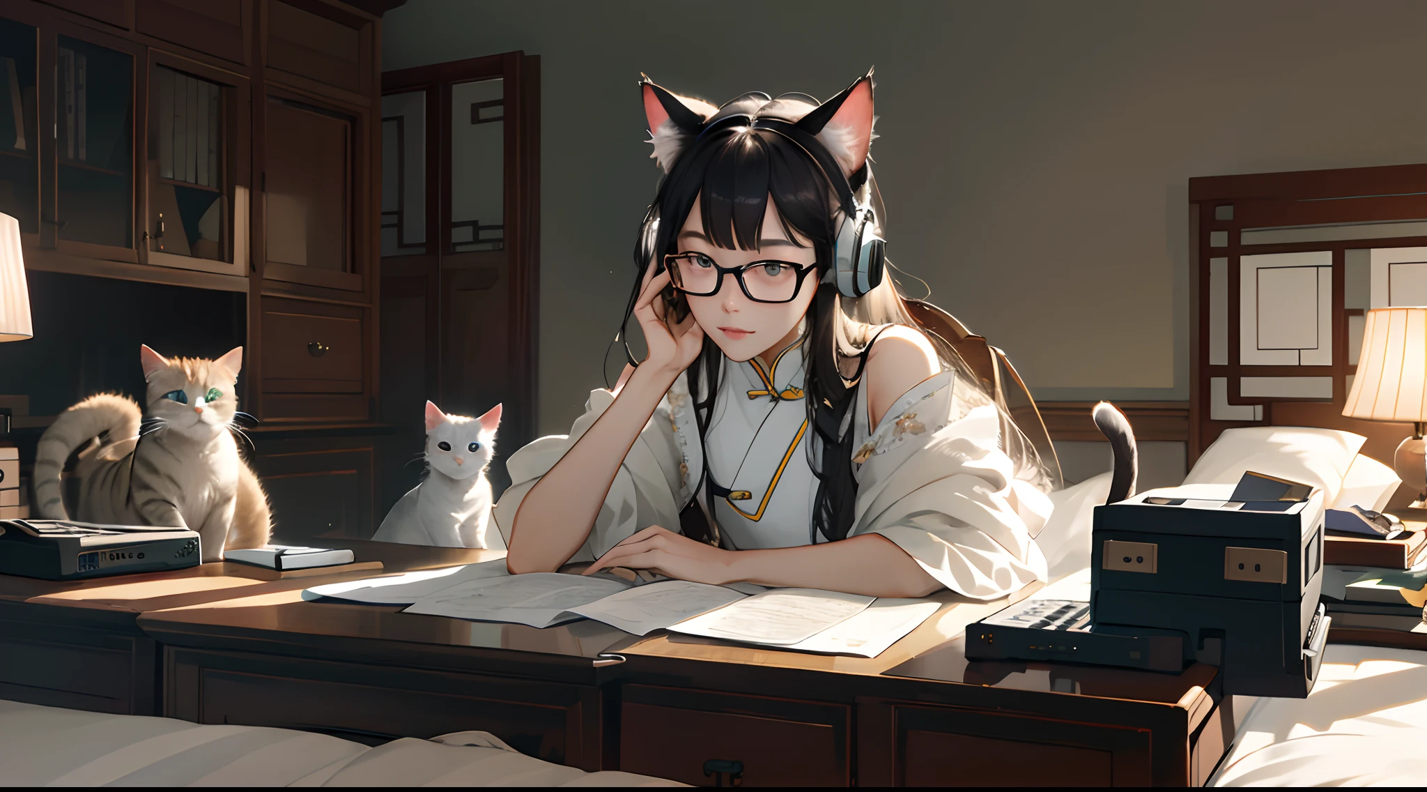 （absurderes，A high resolution，ultra - detailed），a matural female，Older age，Delicate eyes and delicate face，Extremely detailed Cg Unity 8K wallpaper，Complicated details，Inside the bedroom，Cat ears，Chinese girls，Wearing glasses，Royal Sister，Very temperamental，At the computer desk，One guy，with headphones on