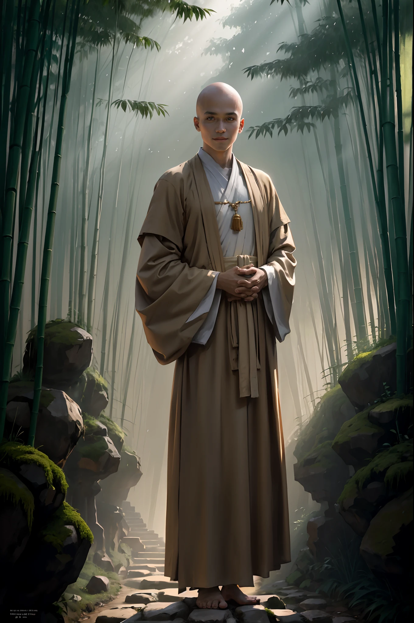 A boy with,ssmile,Beige monk's robe,bald-headed,had his hands folded,standing on your feet,Face the lens,Light spills into the dense bamboo forest,Stone path,moss,Universal high image quality, best quality,ultra - detailed,tmasterpiece,Fine realistic style