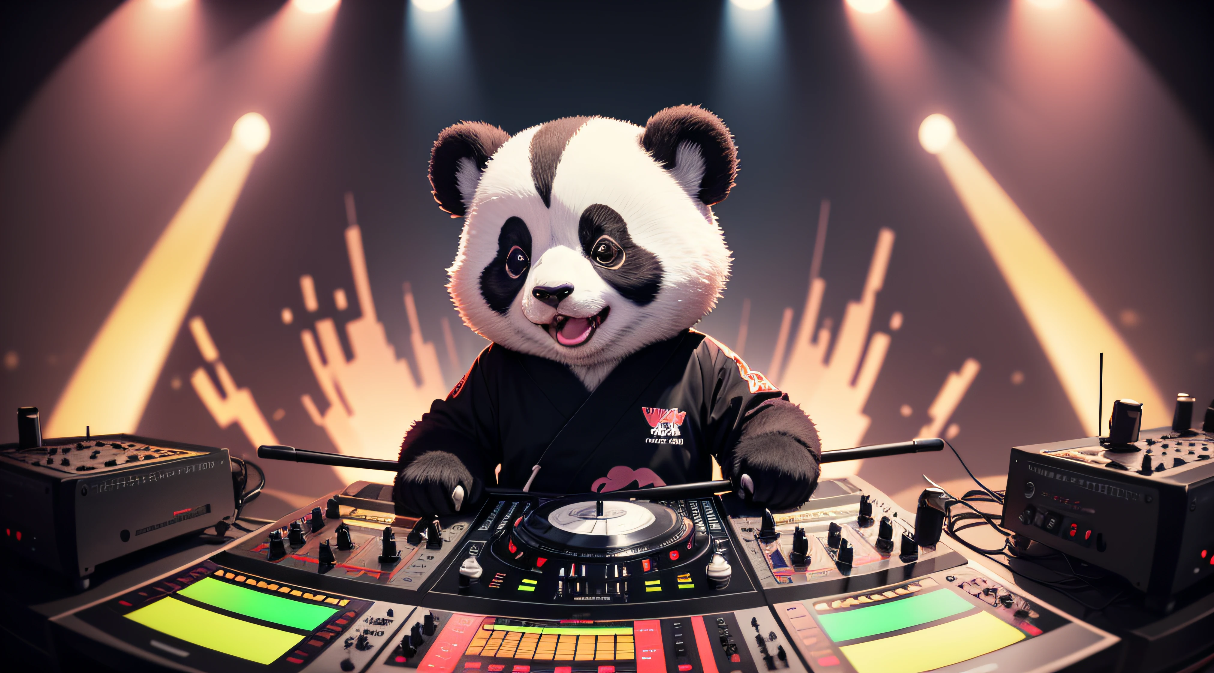 A single cheerful and small Dj Panda, Intenso, positioned behind a mixing deck, altamente detalhado, lineart preciso, Vibrando, Comprehensive cinematomatics, mantenha a morfologia natural do corpo de um urso panda de verdade, Japanese anime style --auto