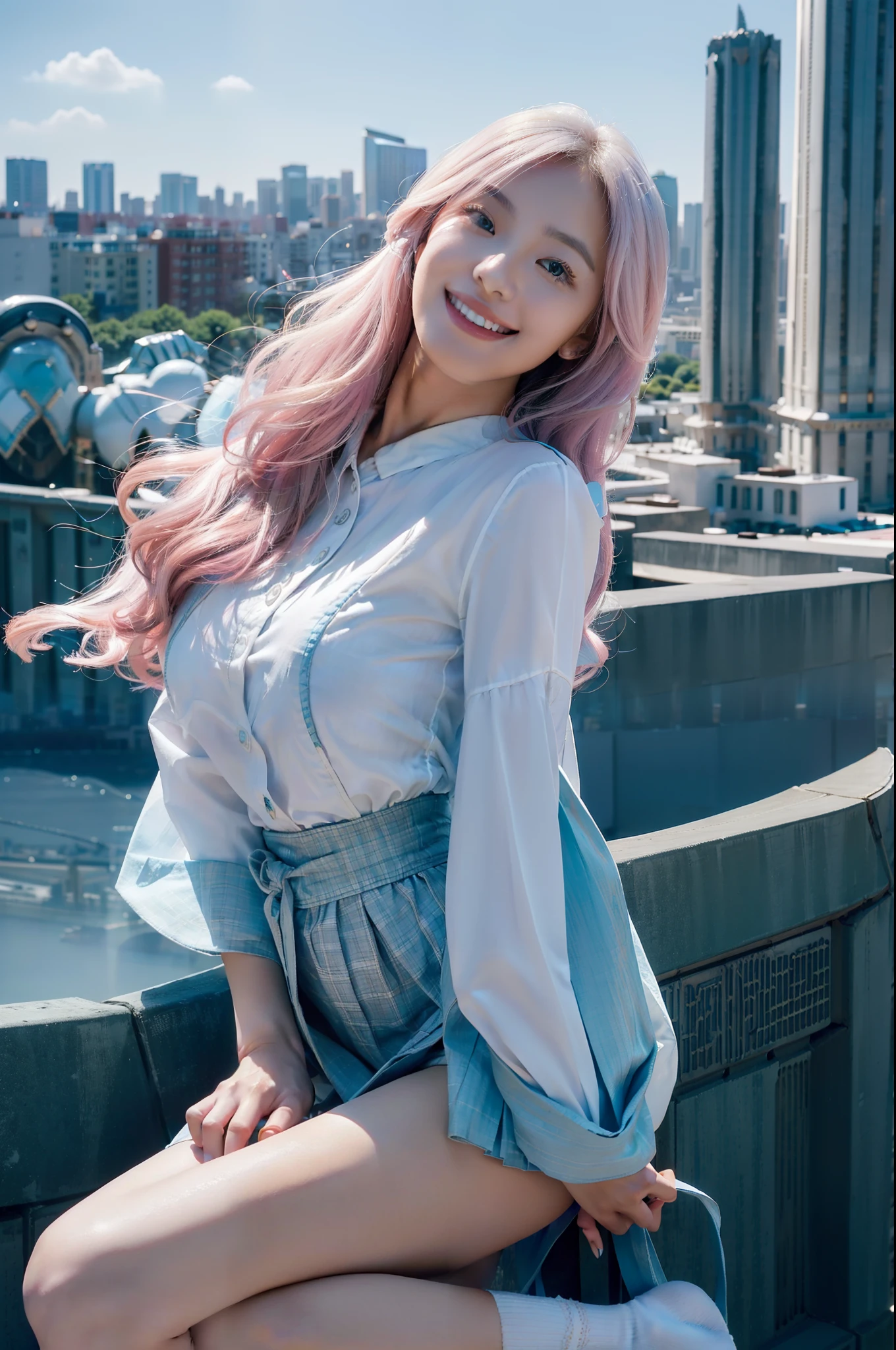 official art, masterpiece, sharp focus, (beautiful gorgeous cute Korean woman:1.3), (beautiful cute korean:1.3), korean beauty, Delicate and beautiful hair and eyes and face, realistic, ultra detailed, beautiful girl, blue sky, glow white particle, (sidelighting:1.2), sun light, white cloud, detailed clouds, slender, Lovely very large breasts and very large hips, smile with teeth, ((smile with eyes, open both eyes)), scenery, long straight hair, sexy facial expression, building, (cityscape:1.7), dynamic hair, long straight hair, detailed platinum pink hair, glow blue eyes, (blue pleated shirts + white skirt), white long socks, pale skin, hair ornament, epic scenery,