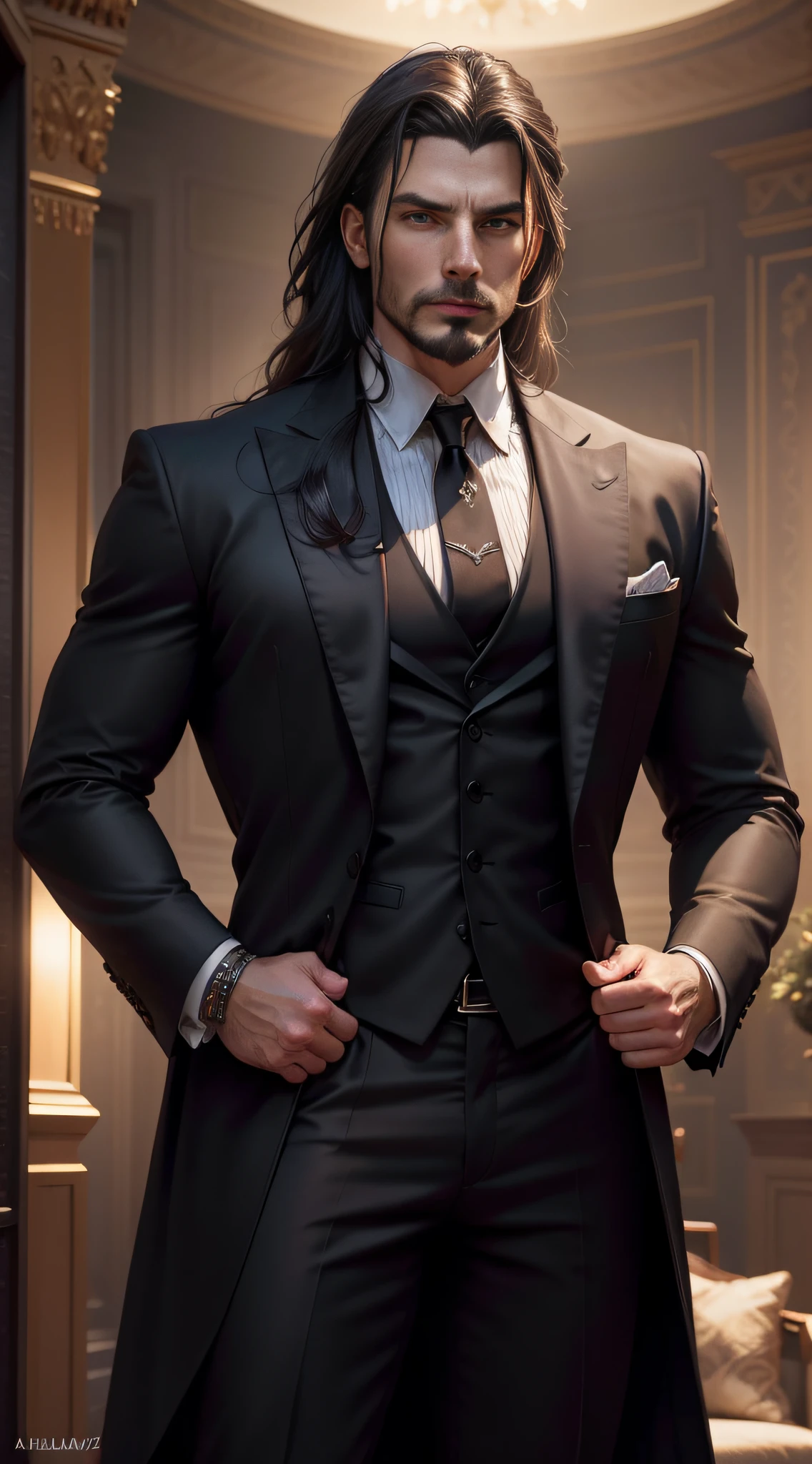 "((photo realism, hiquality, detailing)), A strong man, Masculine appearance, Majestic magician-alchemist, dark colored hair, European view, modernity, 21st century, Stylish black suit, Magical atmosphere".