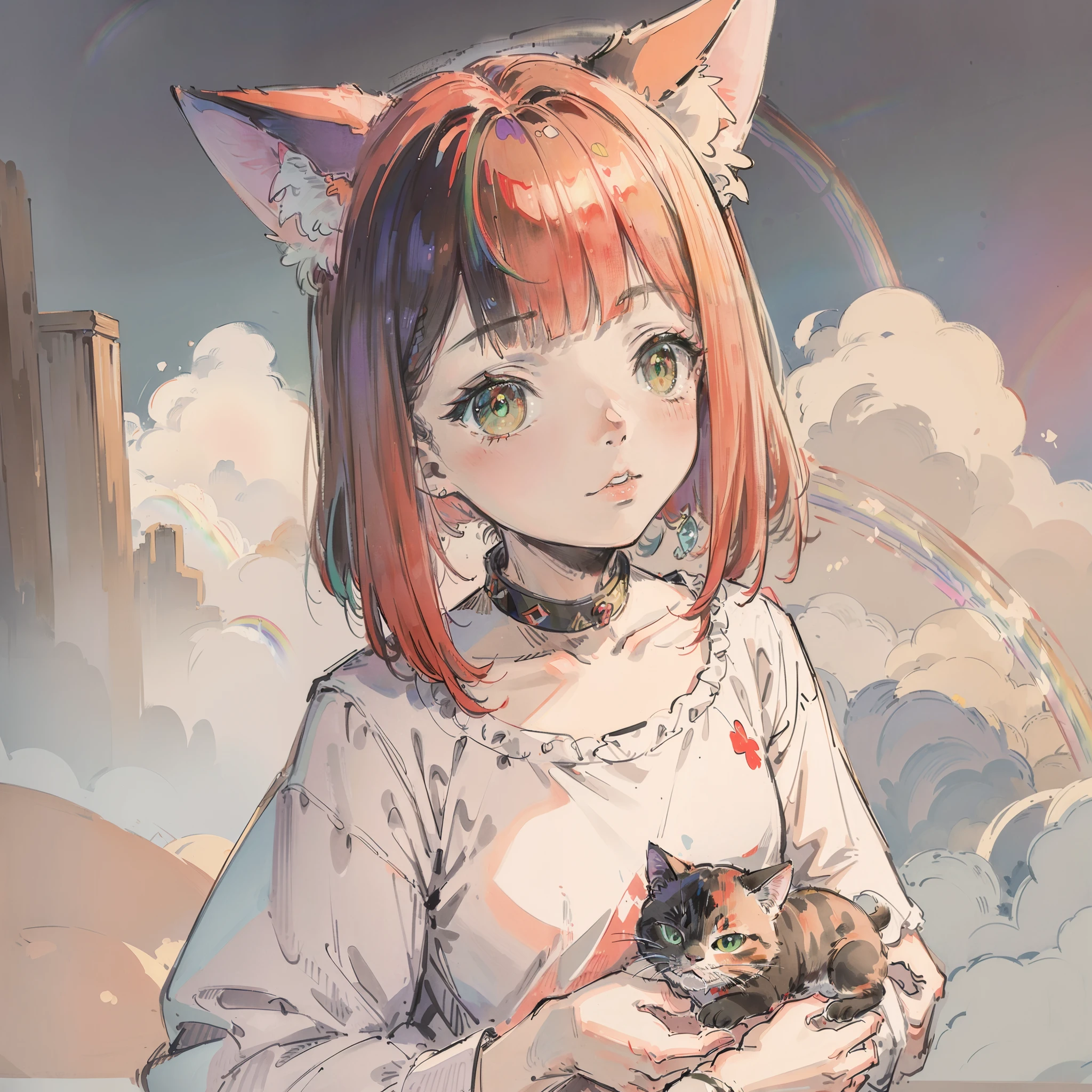 ((Best quality1.2))、((masterpiece))、((doress))、rot((rainbow-colored hair))、((Take a cute cat 1.5))、
