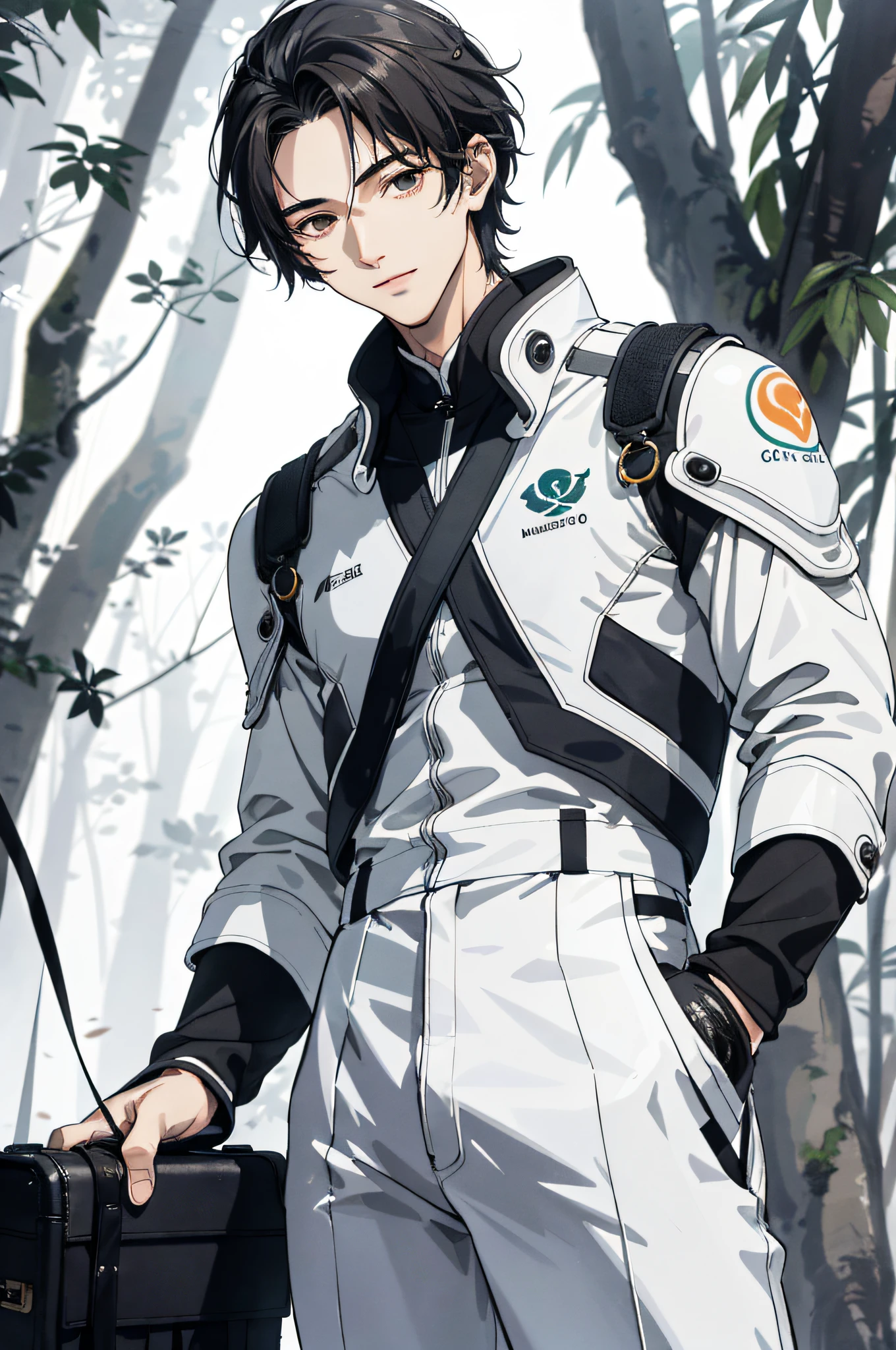 Absurd, High definition, Super detailed, Texture details, clear presentation, HD details, detail performance, Fine details, Clear face, Fix accurately, ((cabelos preto e longos))、long whitr hair、18-year-old man, Handsome, Tall,Soft smile、Slightly muscular,(Clear eyeballs), (1 person: 1.3), handpainted, Simple lines, (An 18-year-old man wearing a white Chinese suit), foggy forest、The upper part of the body,Exocet suit