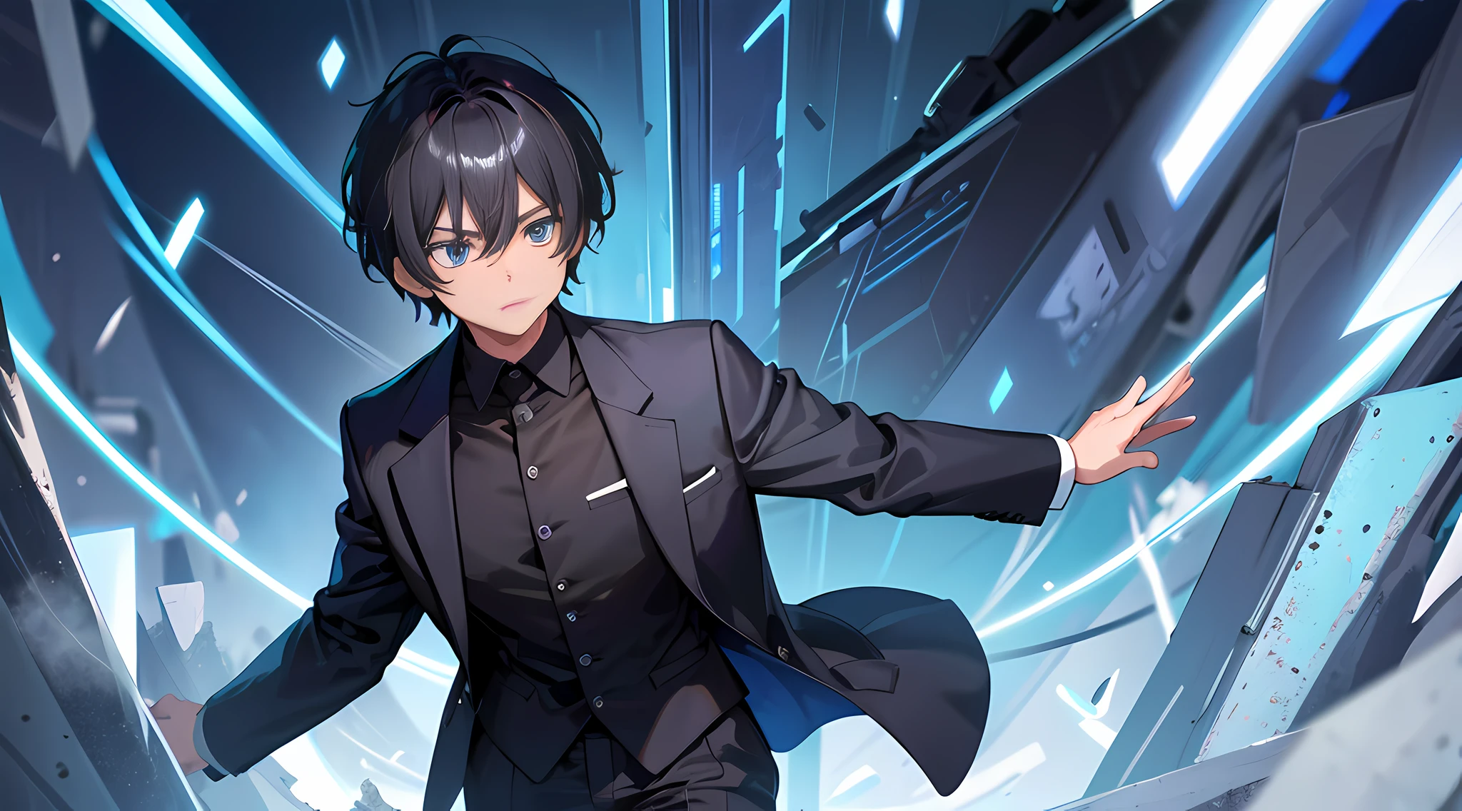 (1 boy)Black color hair,Business suit。A large blue screen appears in front of you