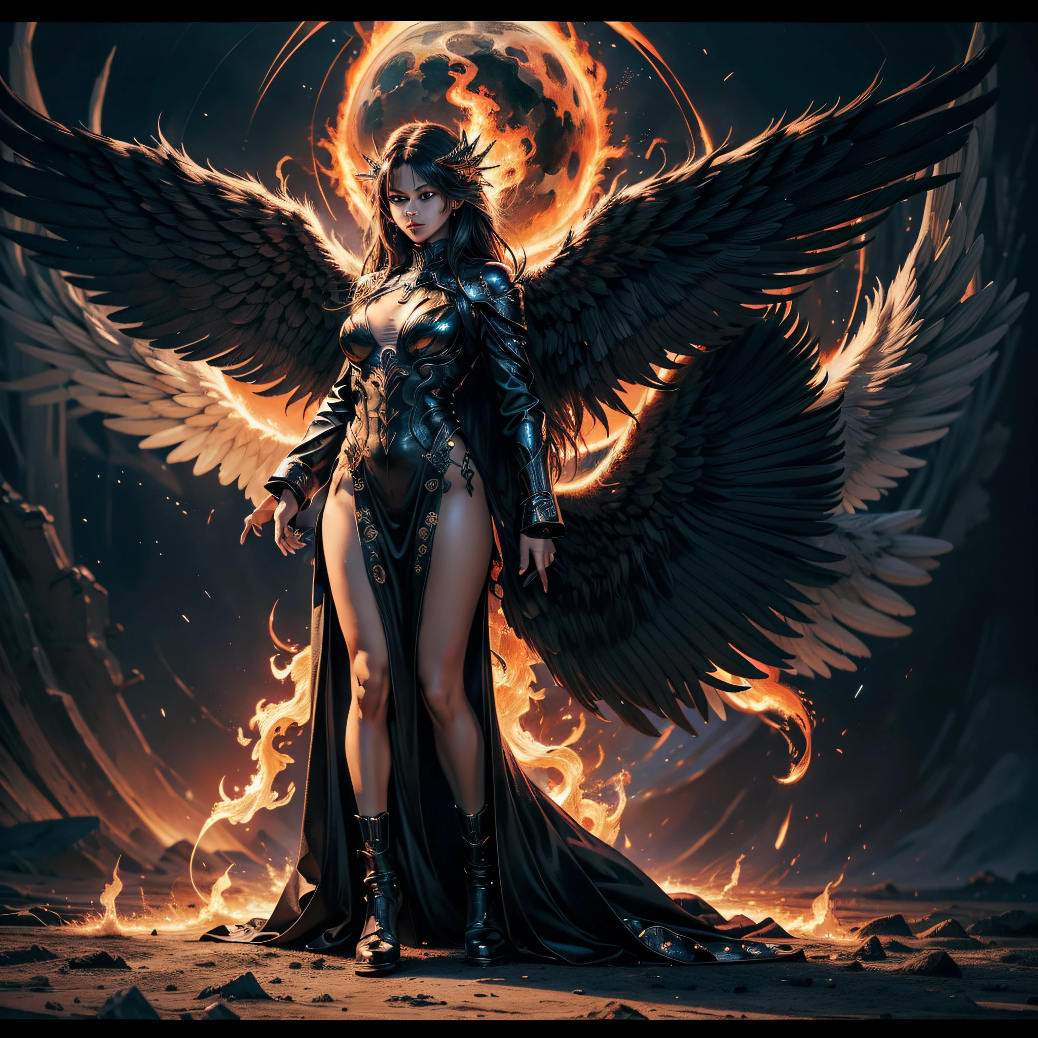 (extremely detailed image),((full body):1.5), (female angel appearance) (giant black-colored angelic wings), (flaming eyes, glowing eyes), (extreme display of power), apocalypse, angel, power , end of the world , (rich in detail), (engaging and intricate powers), ((long shot):1.4), ((cinematic lighting):1.3