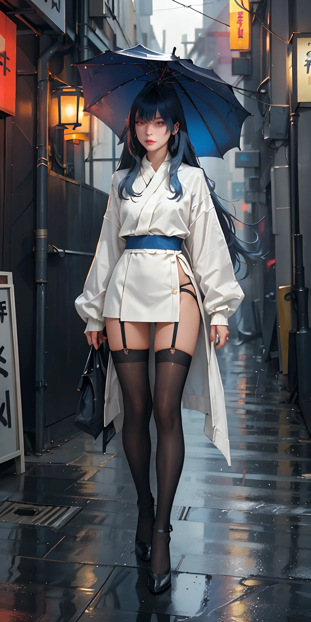 (best quality, masterpiece: 1.3), 1woman, (mature face:1.4), rainy day, fog, alley, umbrella holding, large and transparent umbrella, looking at the viewer, blue hair, facing the photo, cyberpunk city, alone in the alley, neon in the alley, very reflective city, long hair, sized strands going over the alley, bars, Japan, Tokyo, garter belt on one leg, knee pad on the other leg, perfect hand, delicate, night