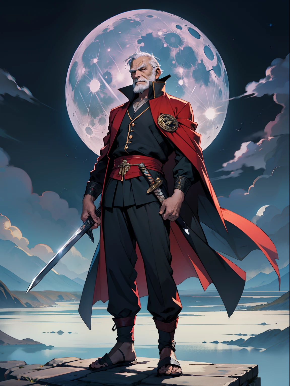 Old man，，Tang suit，Long sword，standing on your feet，The eyes are sharp，Black Moon，Full moon