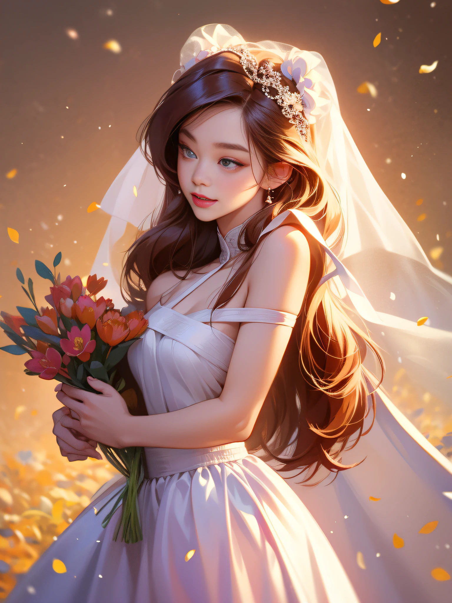 Long Light Hair,close to face,Chinese big eyes girl with lipstick on her lips, Realistic scene style, Light pink and light maroon, Bouquet in hand,Wearing a veil,Smiling,I can't believe how beautiful this is, pixar-style, pixar-style, pixar-style, pixar-style,Light white and dark pink, cartoon character,Exquisite facial features,s delicate face。