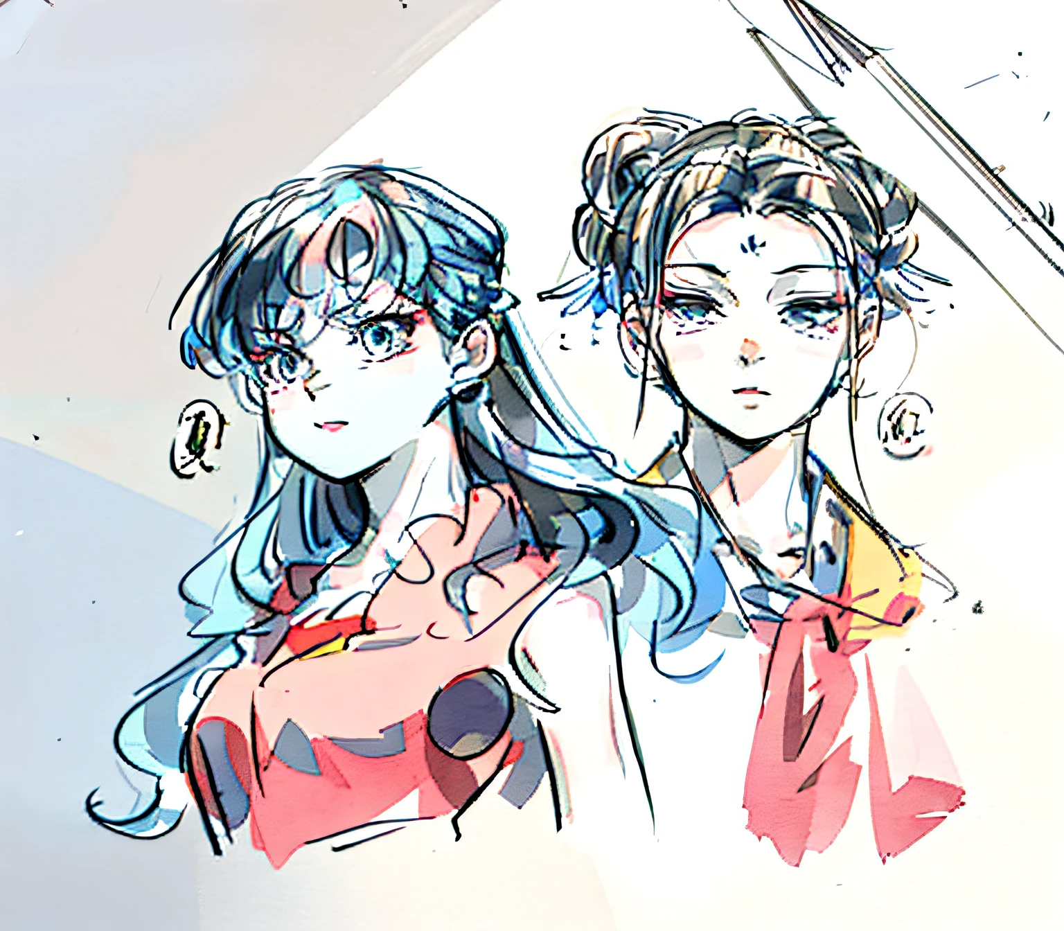 Sketches of two anime characters,Pencil on paper, anime sketch, subtle anime style, flat anime style shading, anime and manga style, jojo anime style, anime style only, very anime style, pencil and ink manga drawing, Line sketch!!, anime shading, Anime style portrait, Anime style illustration, Anime Paintings, anime style drawing, in an anime style