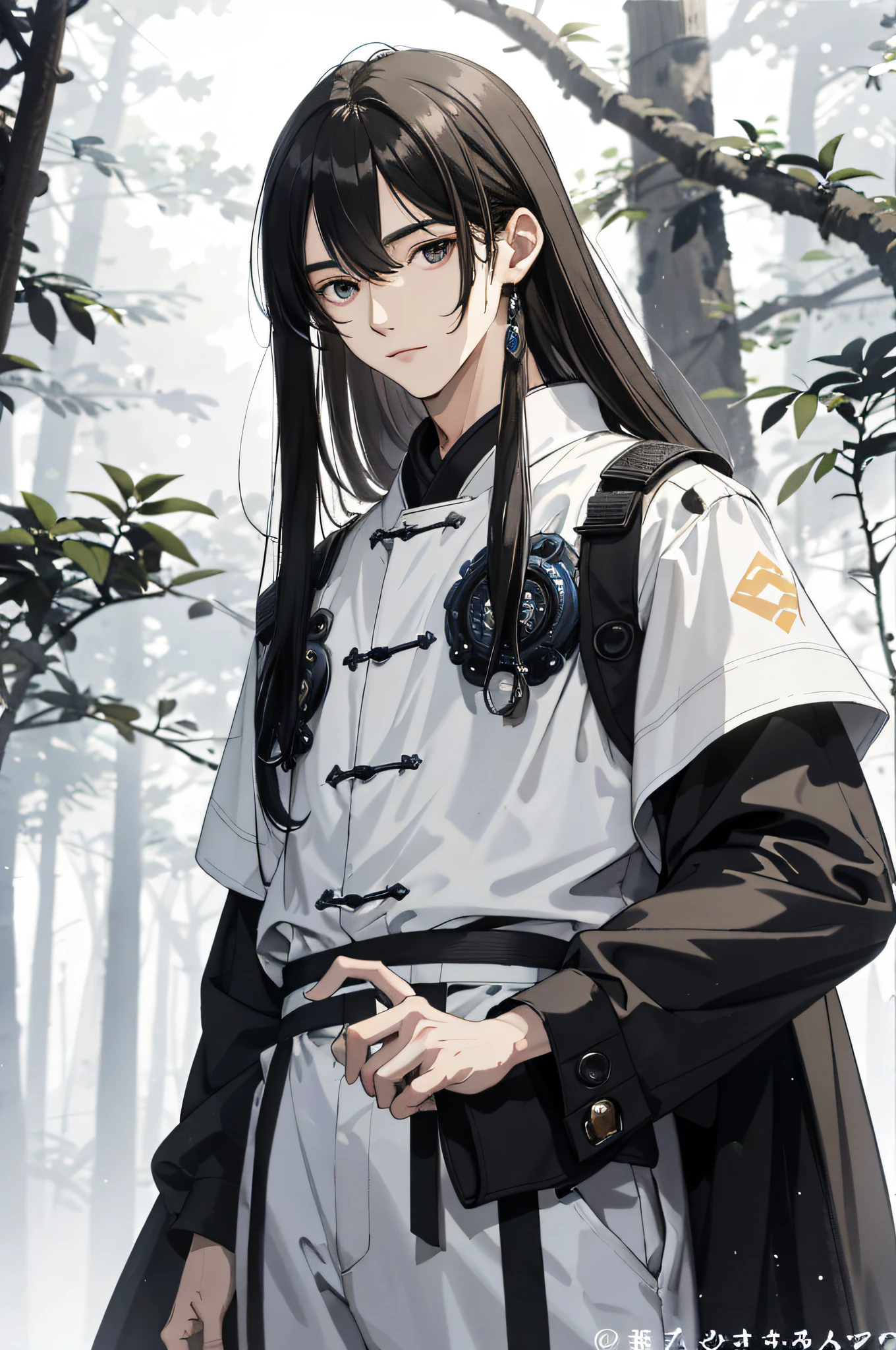 Absurd, High definition, Super detailed, Texture details, clear presentation, HD details, detail performance, Fine details, Clear face, Fix accurately, ((cabelos preto e longos))、long whitr hair、18-year-old man, Handsome, Tall,Soft smile、Slightly muscular,(Clear eyeballs), (1 person: 1.3), handpainted, Simple lines, (An 18-year-old man wearing a white Chinese suit), foggy forest、The upper part of the body,Exocet suit