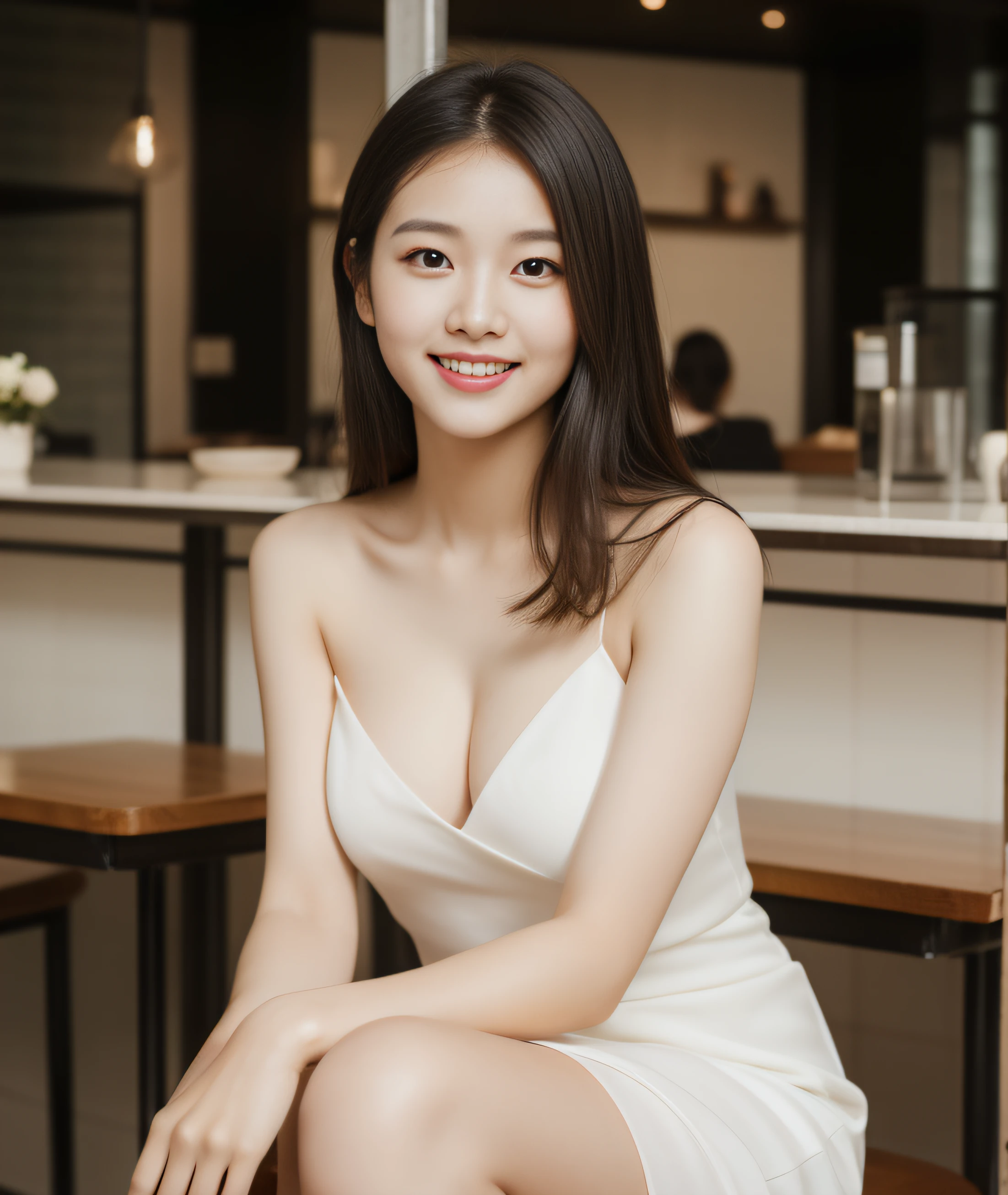 ((best quality, 8K, masterpiece: 1.3)), beautiful girl, pure, melon face, kind and cute, sweet smile, pure desire, slender body, (front), (tilted head), ((looking at camera) ), wearing a wedding dress, black silky medium hair, long flowing shoulders, round black big eyes, clear big eyes, moist red lips, sweet, sitting in a cafe, cafe background , ((((whole body)))),