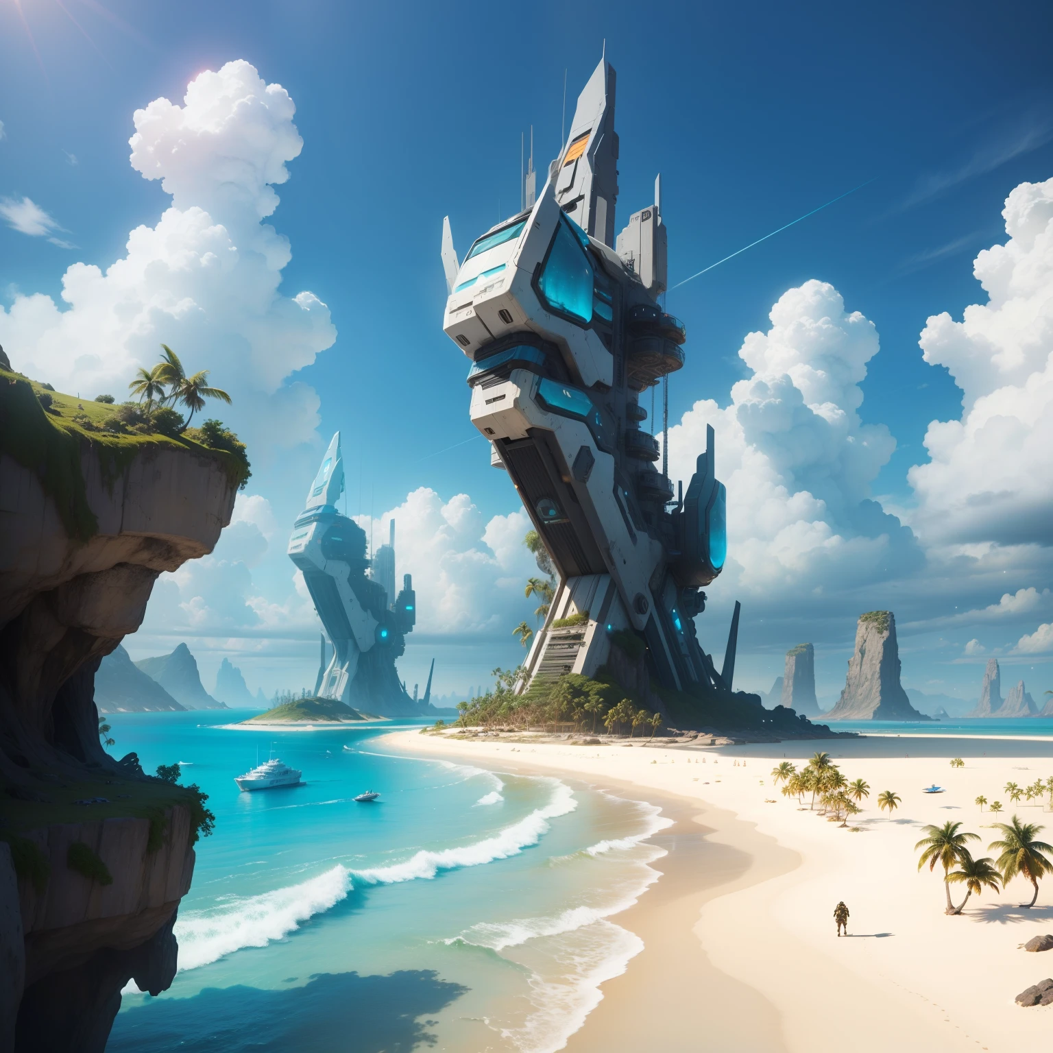Imagine a paradise island in a post-apocalyptic world being invaded by armed and futuristic spaceships of different colors and sizes.