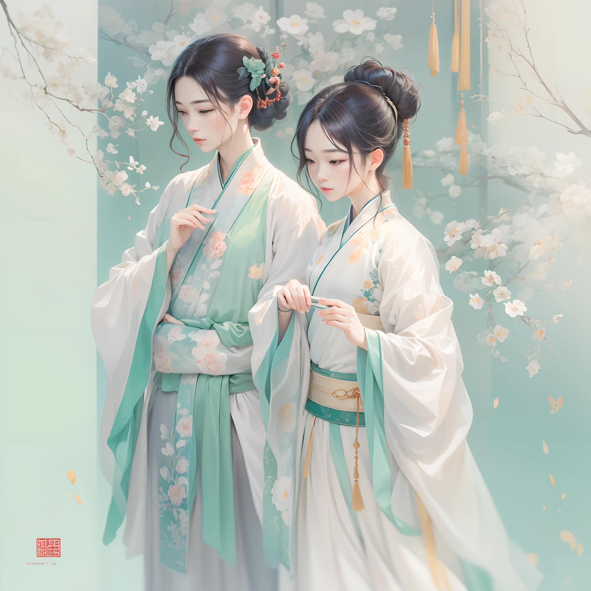 by zhao ji, high quality, 8k, high resolution, high detailed, 1 Modern dancers,Silk Hanfu, behind silk curtains,Oriental elements,simple background, mint green, minimalism painting, simple shapes, clearn smooth outline, (Soft Lighting, Bokeh)