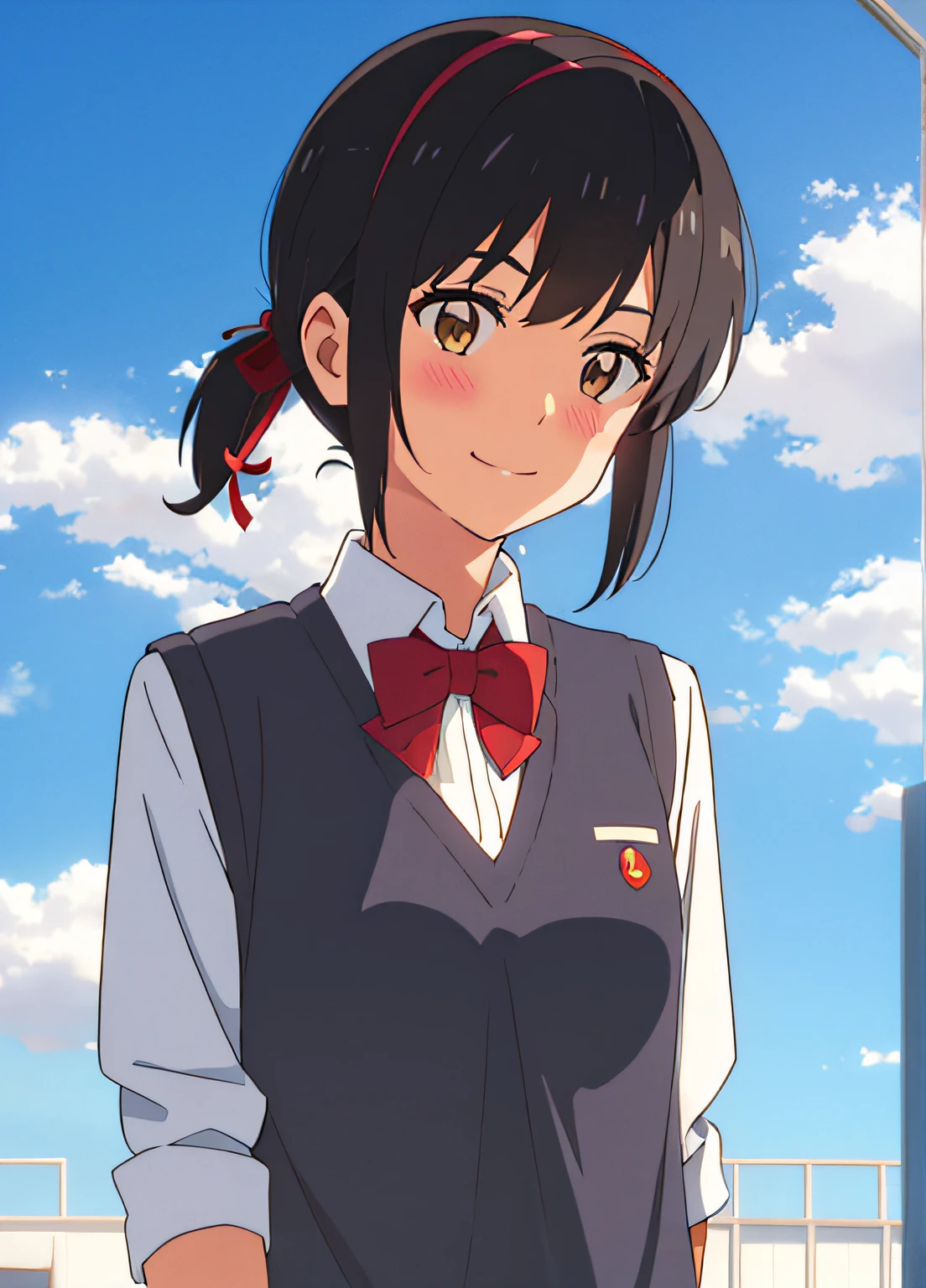 shinkai makoto, kimi no na wa., 1girl, bangs, black hair, blue sky, blush, bow, bowtie, brown eyes, cloud, collared shirt, hair ribbon, hairband, looking at viewer, negative space, outdoors, red bow, red bowtie, red hairband, red ribbon, ribbon, school uniform, shirt, short hair, sky, smile, solo, sweater vest, upper body, vest, white shirt, yellow sweater vest, yellow vest