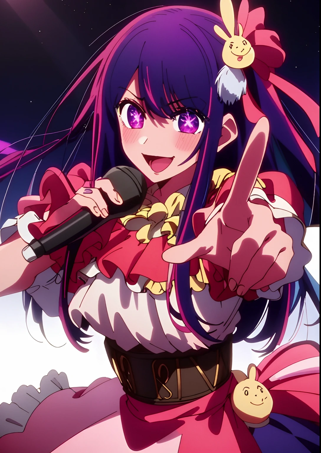 masterpiece、ighly detailed、(1 girl in:1.2)、purple color hair、pink dress、big eye、a closeup、A smile、8K、Ai Hoshino、Live performance venue、
