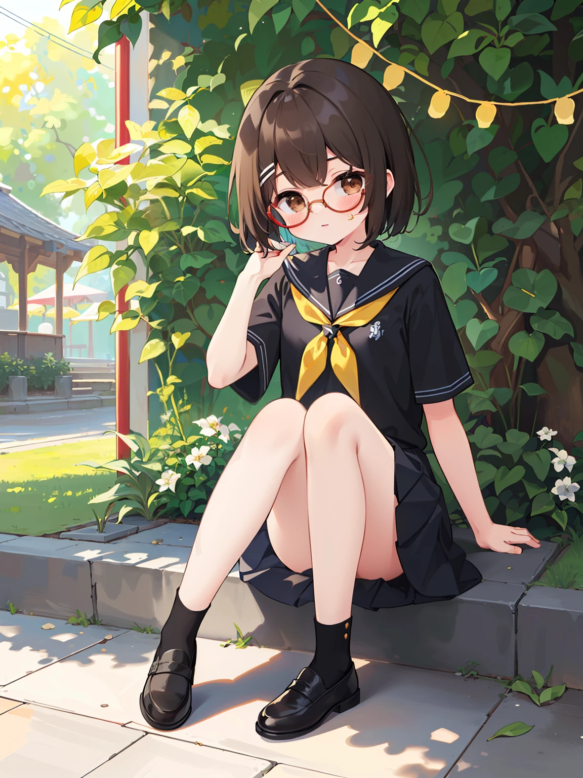 (masterpiece、best qualtiy、one girls、a junior high school student、A dark-haired、short-hair、straight haired、Light brown eyes、hair adornments、wearing black glasses、cute face)、Wearing short-sleeved school uniform、Summer Festivals、full body Esbian