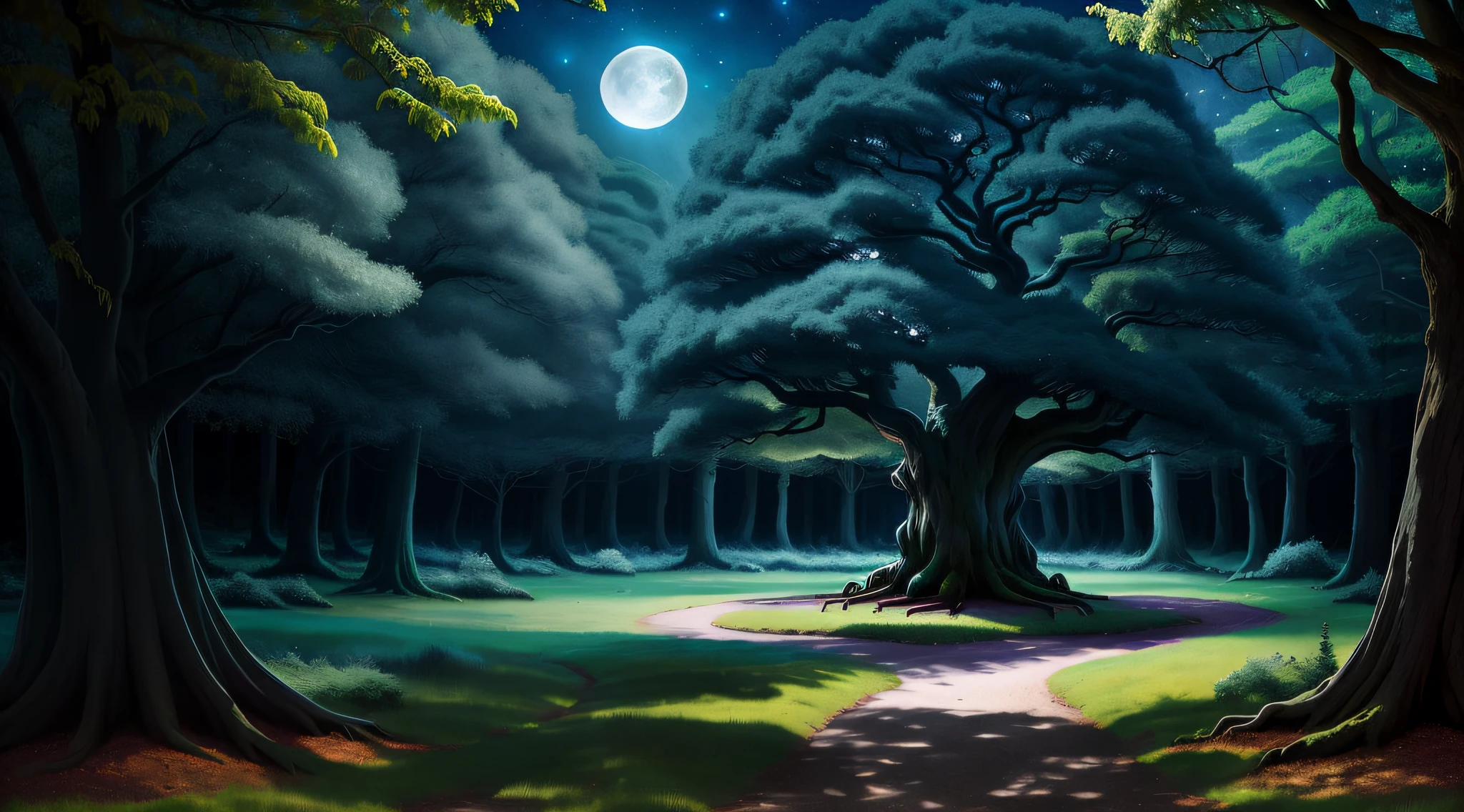 Design a cover for a fantasy novel set in a mystical forest. The title of the book is《The twisted wheel of fate》. The cover should evoke a sense of magic and wonder, with a hint of danger. are in the center, there's an ancient, majestic tree glowing with ethereal light. A mysterious figure, Cloaked,Holding a black katana, stands in front of the tree. The moon shines brightly in the star-filled sky, casting long shadows on the forest floor.