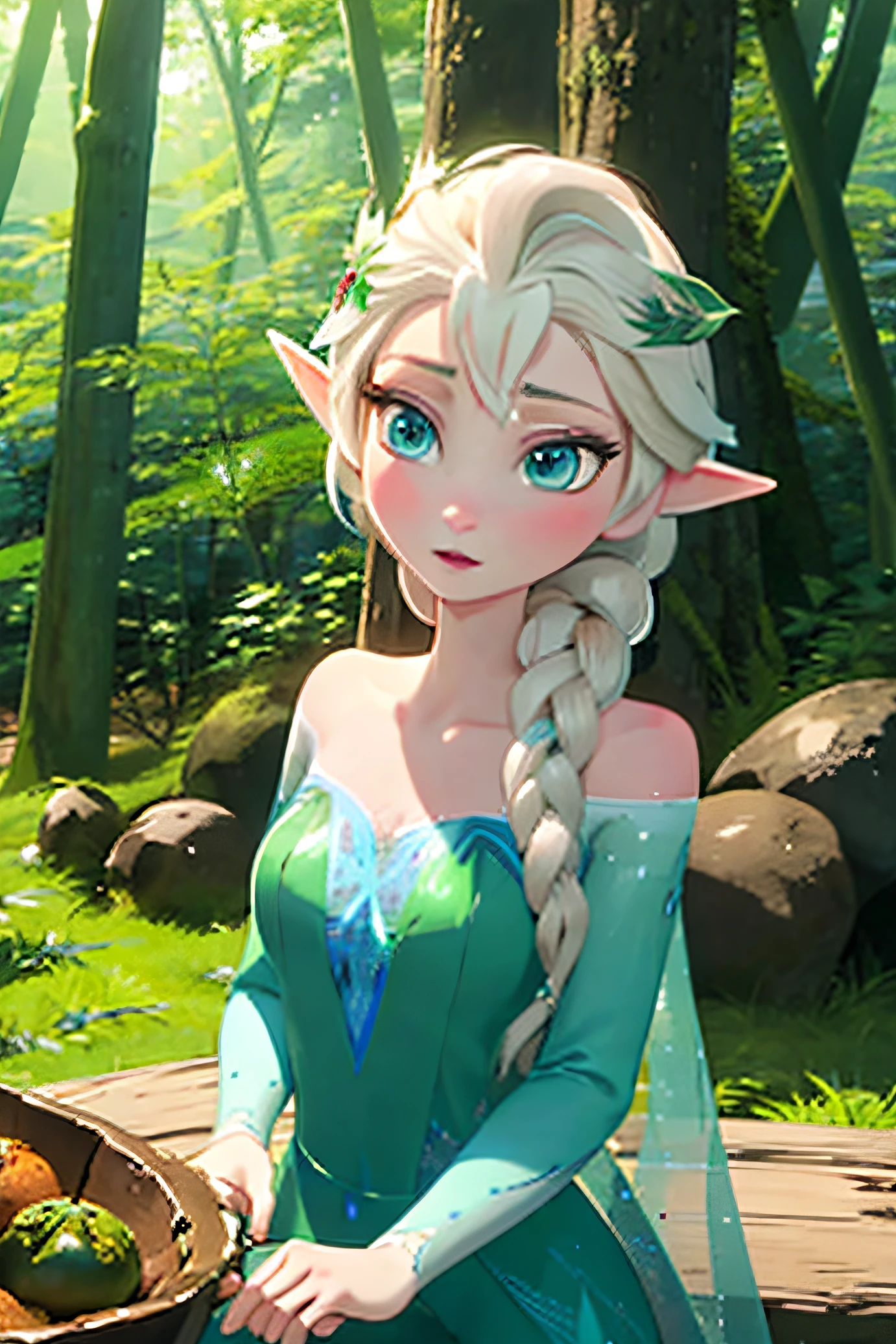 Elsa, Elsa, frozen Elf ears, elf leaf dress, forest, elf, green dress, looking at camera, deep forest, fantasy