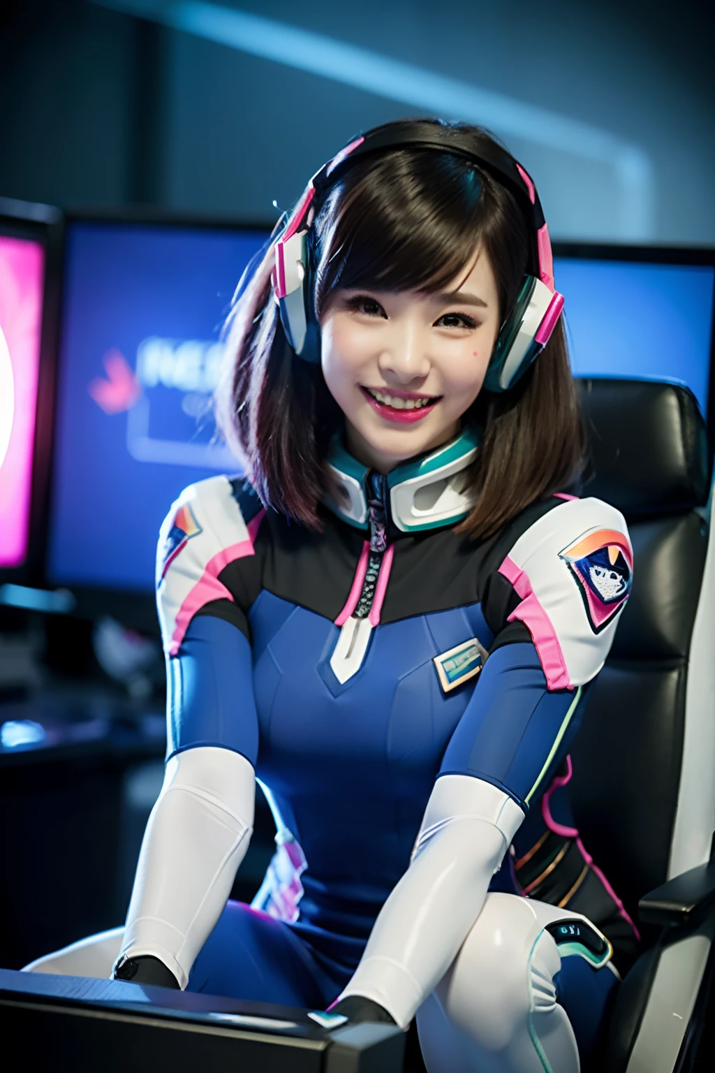 best quality, ultra high res, (photorealistic:1.4), 8k resolution, asian girl, (random hair:1.3), (realistic hair:1.2), (D.va from Overwatch:1.2), (realistic eyes:1.2), (beauty face:1.3), perfect body, white glowing skin, big breast, (D.va costume:1.2), (smiling face:1.2), (mid angle:1.3), (sitting in front of computer:1.3)