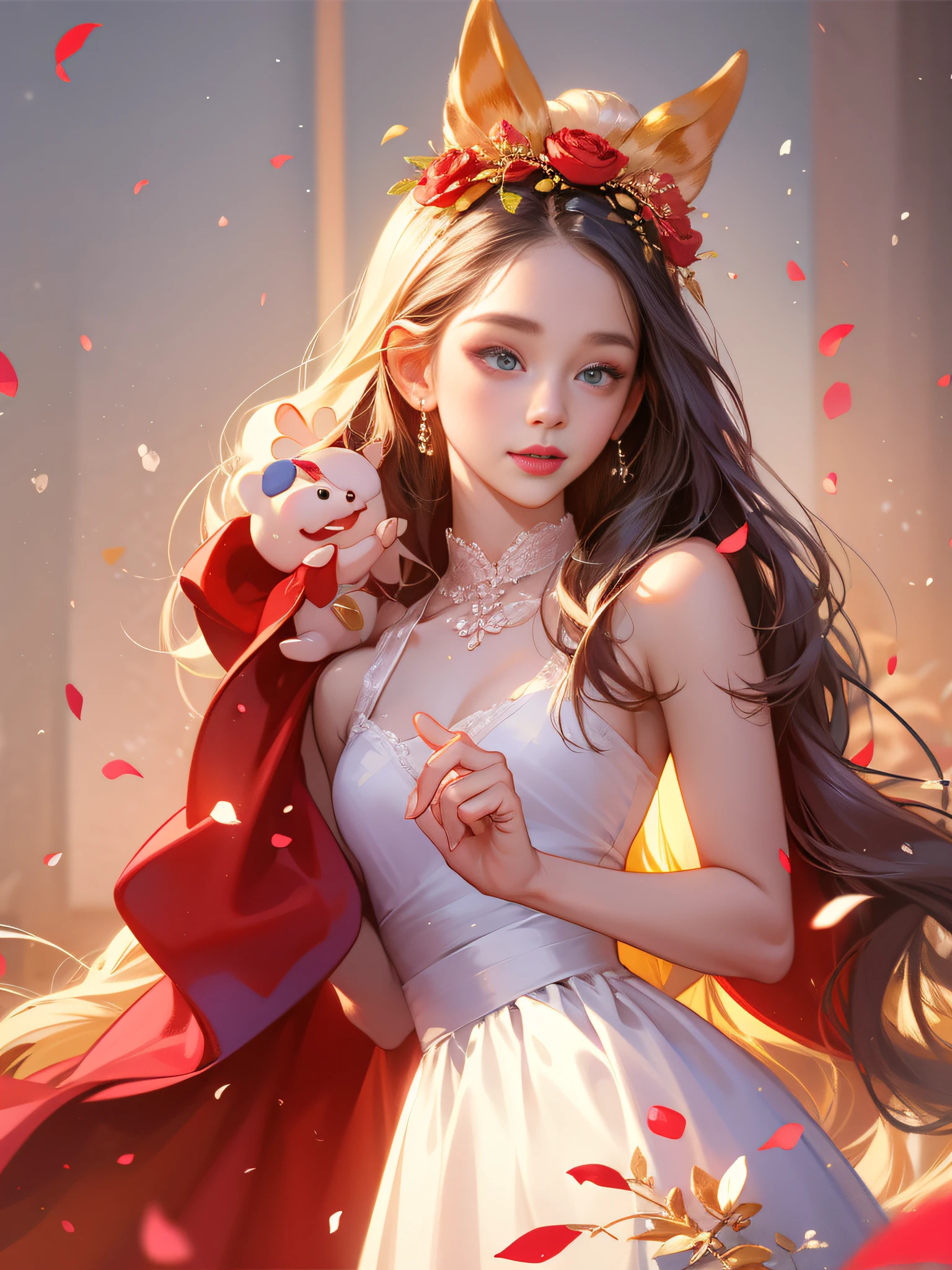 Long Light Hair，close to face，Chinese big eyes girl with lipstick on her lips, Realistic scene style, Light pink and light maroon, Bouquet in hand，Wearing a veil，Smiling，I can't believe how beautiful this is, pixar-style,  pixar-style, pixar-style, pixar-style,Light white and dark pink, cartoon character，Exquisite facial features，s delicate face。