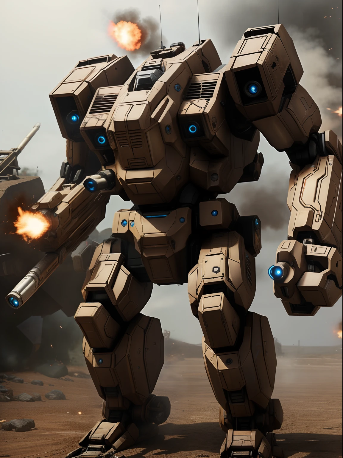 mechs、masterpiece:1.2、explosions、Gatling gun、Bipedal、brown、Realistic lighting、