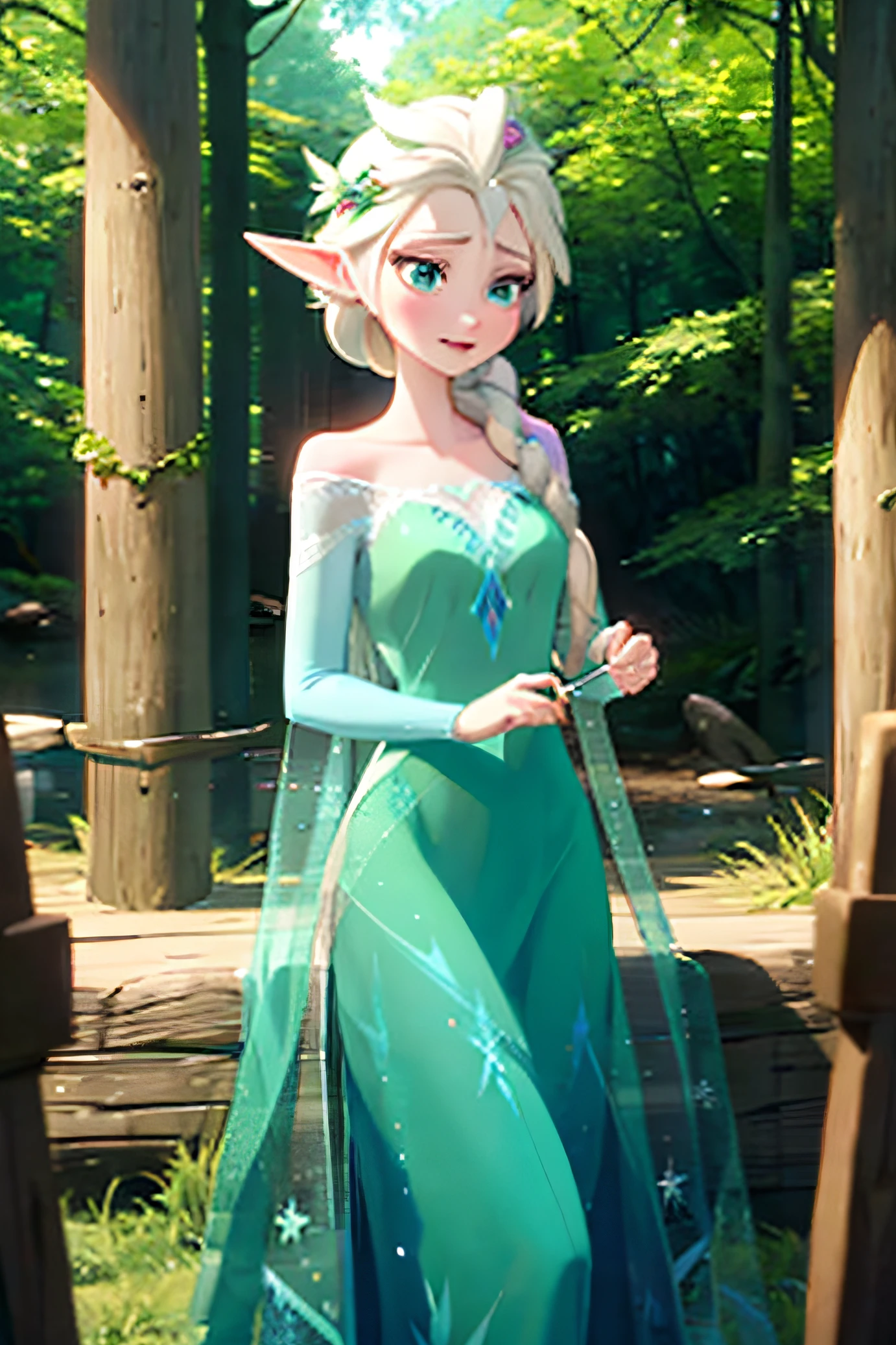 Elsa, Elsa, frozen Elf ears, elf leaf dress, forest, elf, green dress, looking at camera, deep forest, fantasy