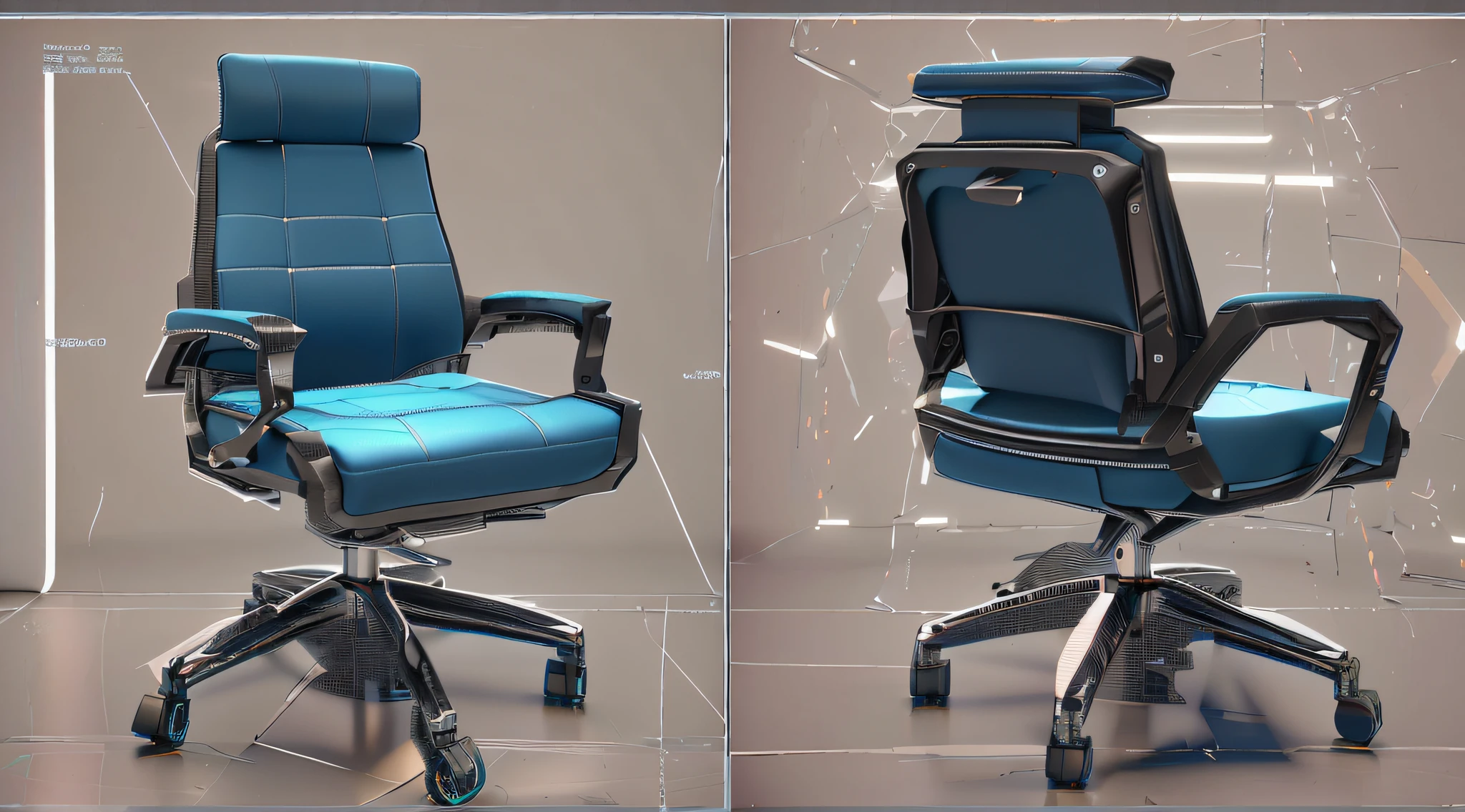 There are two photos of a blue office chair with a black seat, neofuturista altamente detalhado, orthographic 3d rendering, product design render, 3D hard surface design, alta - poli, 3 d product render, cadeira gamer, projetado no liquidificador, alta poli vray, azul realista 3 d render, highly detailed render, smooth 3d CG rendering