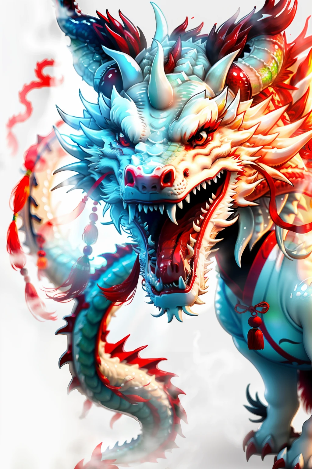 Chinese Wind Year Red Horn Female Red Tight Transparent Clothes Thin Head Horn White Hairy Dragon Close Up Happy Expression