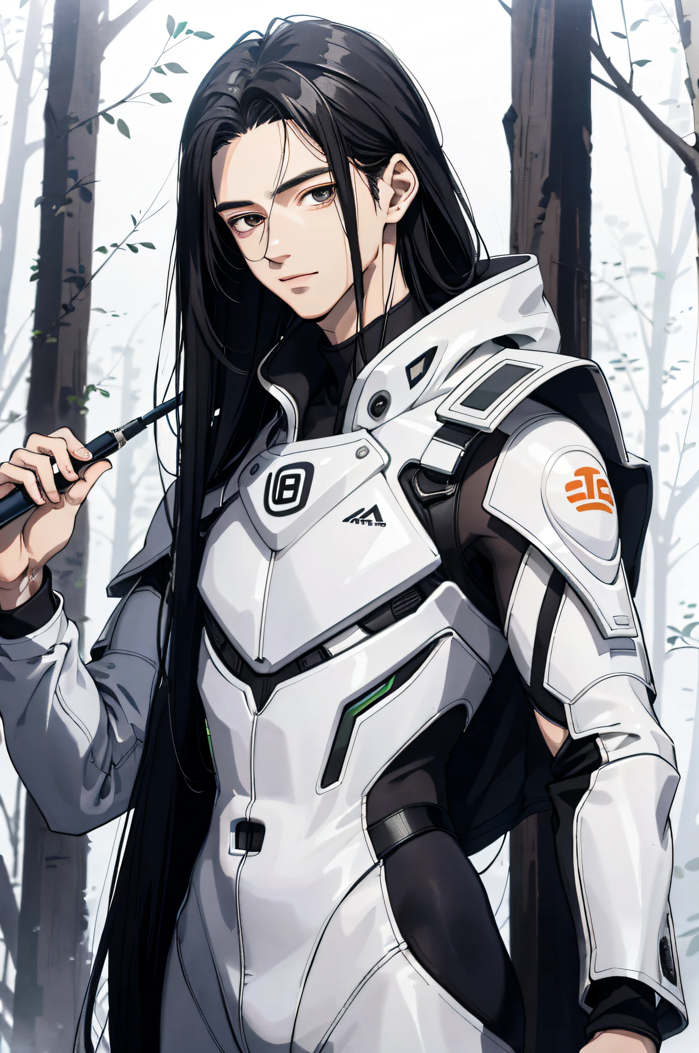 Absurd, High definition, Super detailed, Texture details, clear presentation, HD details, detail performance, Fine details, Clear face, Fix accurately, ((cabelos preto e longos))、long whitr hair、18-year-old man, Handsome, Tall,Soft smile、Slightly muscular,(Clear eyeballs), (1 person: 1.3), handpainted, Simple lines, (An 18-year-old man wearing a white Chinese suit), foggy forest、The upper part of the body,(Exocet suit 1.2)