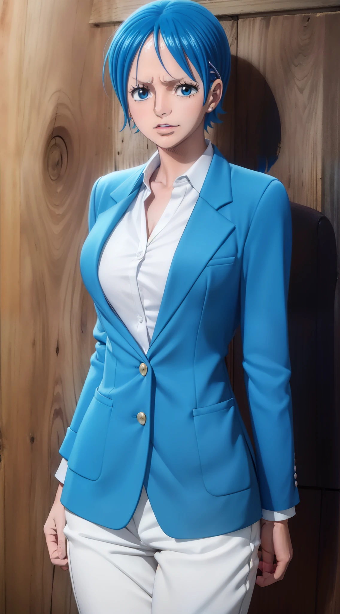 ann from one piece anime, blue hair, short hair with mascara, faint smile, perfect body, standing, looking at viewer, medium bust, wearing formal dress, blue formal shirt, white blazer, white pants, in public, outside Tokyo city , on the side of the road, wearing a watch, wearing earrings, beautiful woman, beautiful, very beautiful