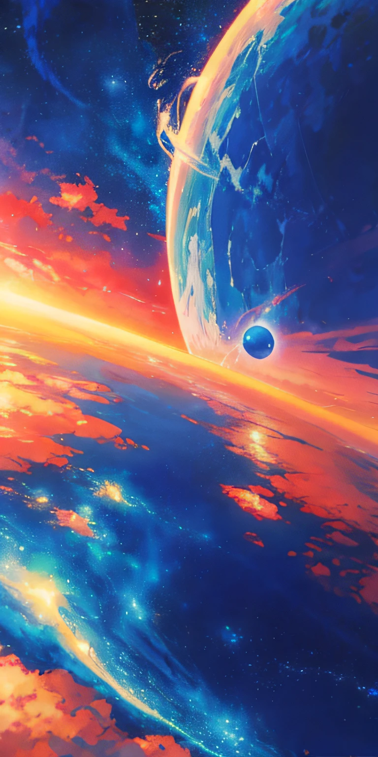 Animated scene of a planet with stars in the sky, cosmic sky. by makoto shinkai, endless cosmos in the background, Beautiful space, makoto shinkai cyril rolando, a beautiful artwork illustration, 4K highly detailed digital art, heaven planet in background, anime art wallpaper 4k, anime art wallpaper 4k, amazing wallpapers, Fantasy space,hasten、The universe is changing,The color gradually turns blue、Image of peace