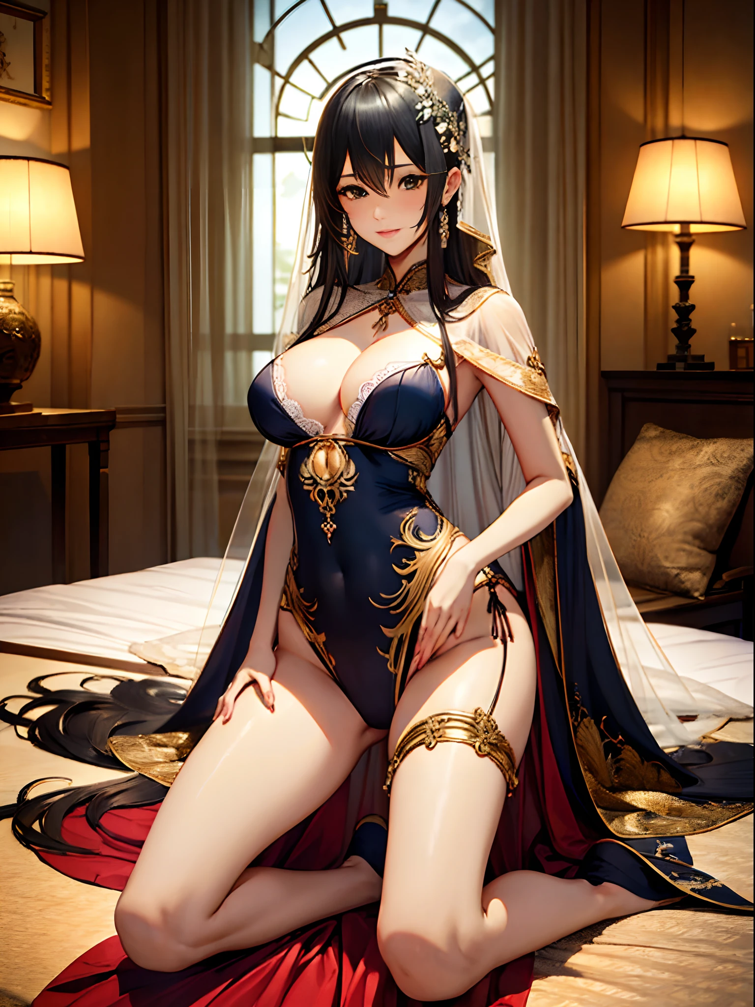 (Enrich the picture,Masterpiece level quality)Beautiful 8K CG artwork,Goddess-like posture,Kneeling exercise,Slim and soft,Translucent skin,Black hair、The beauty of extra-long hair, Super Long Straight Hair,The skin is fair and juicy,Underwear uniforms,Perspective Part 1.2x enhanced silhouette effect,Exquisite transparent blues pattern in pajamas,The details are intricate and exquisite,The background is slightly blurred,Charming and lustful leg seduction,Drool,Extra-large big breasts,Blush,Japan goddess,Perfect body slim curves,Green eyes,