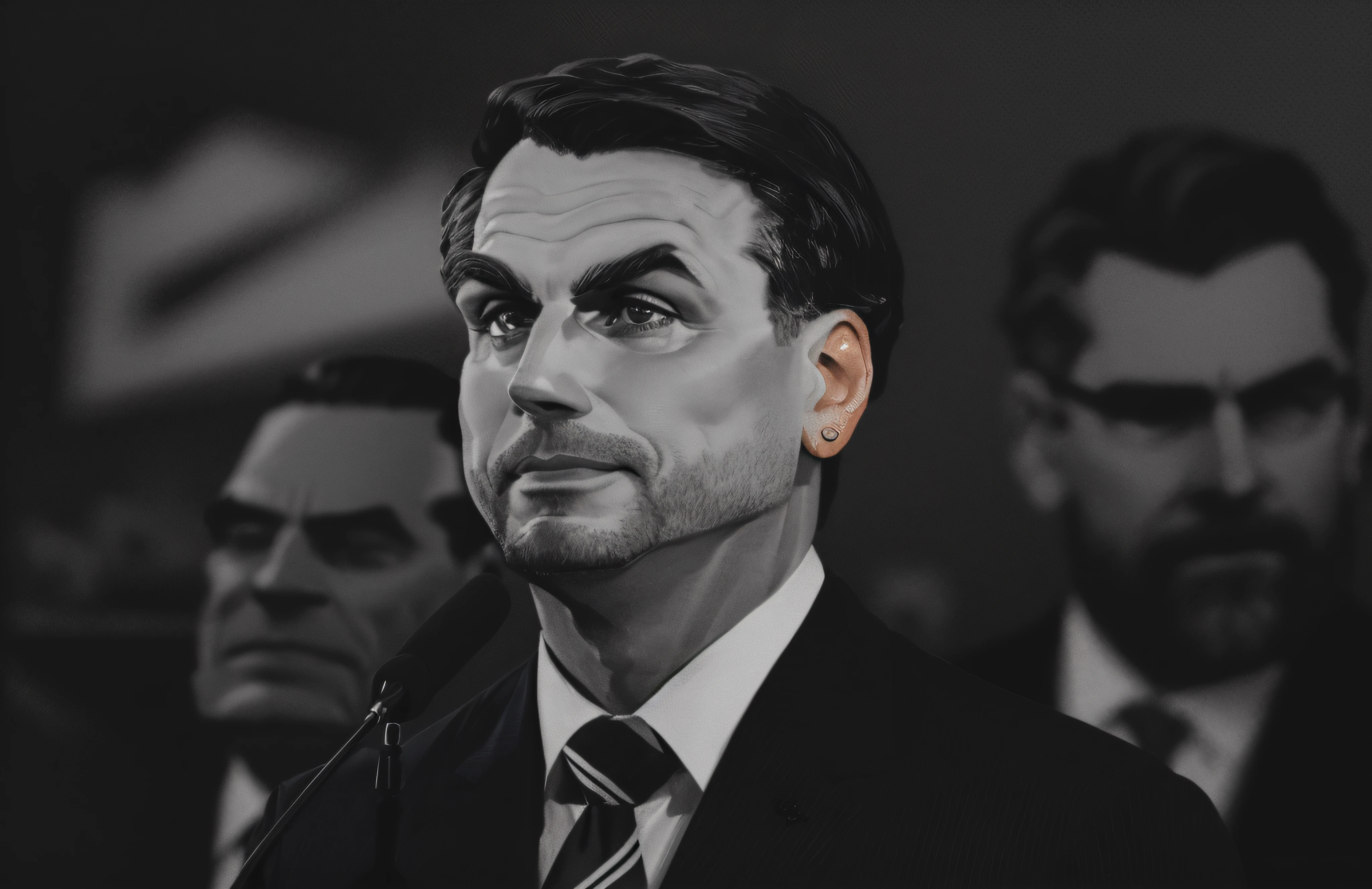 Um homem de terno e gravata falando ao microfone, (Jair Messias bolsonaro), bolsonaro, graves, senior, caricatura, Mahesh Nambiar, Doug Strand