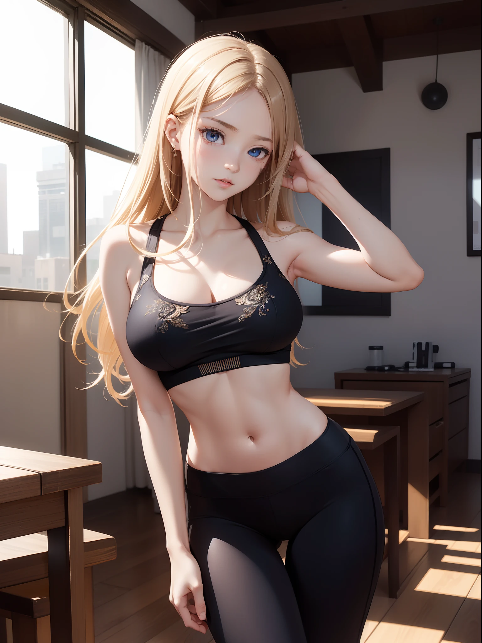 (((((???)))))、1girl in、breastsout、Raise your arms、hairarmpits、a blond、Single、bare-legged、a navel、large full breasts、trouser、、Sportsbra、an legs、looking at the spectator、sitted、inside in room、blue eyess、Separated lips、perspiring、toe、Wooden floors、bangss、yoga pant、length hair、Black pants、gym、Shoe soles、鎖骨、hason、teak、tights、side locks、abdominals, (Dynamic Pose, Very detailed and beautiful girl, intricate-detail, Beautiful detailed girl, Game CG, Highly detailed body, delicate and intricate hair, realistic and detailed face, Highly detailed eyes and face, Intricate details are beautiful and delicate eyes, Delicate arm and  hands, Human Hands, Real skin texture, Exquisite fabric, plein air, Indoor , beautiful and clear background, absurdity, High-precision details, Highly detailed CG Unity 8K, Ultra-detailed)