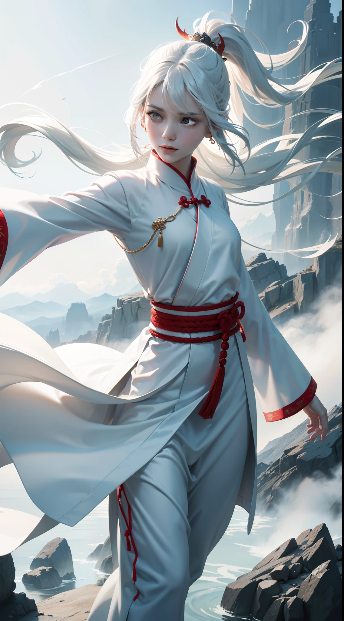 Dynamic Lighting, Art Station, Poster, Volume Lighting, Very Detailed Faces, 4k Wallpaper, Award-Standing, 1 Girl with White Hair, Long Flowing Hair, Ponytail, Fringed Hair Ornament, Dynamic Perspective, White Hanfu, White Gauze Flying, Red Belt, Sexy, Traditional Chinese Ink Painting, Surrounded by Clouds and Mist, Mist, Riding a White Dragon Dragon Head, Stroking the Dragon Head, White Dragon Horns, Dynamic Perspective, Movie Lighting,